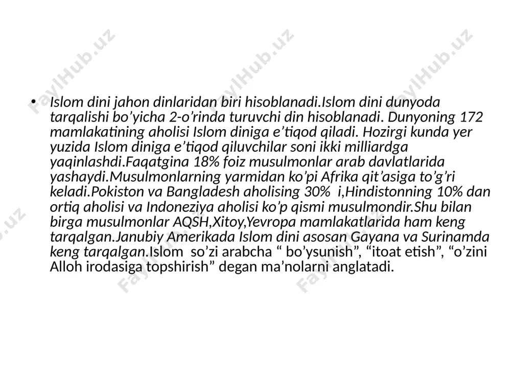 ech narsa qolmaydigan kundir.uning qachon bo’lishini alloh taolodan boshqa hech kim bilmaydi. 6 .taqdir- alloh taolo tomonidan bo’lgan va bo’ladigan yaxshi,yomon ishlarning qayshi zamonda, qaysi joyda, qay ravishda bo’lmog’ini hamda o’z ilmi azaliysi bilan bo’lmasdan turib oldindan belgilab qo’yilishidir. 7.alloh taoloning qudrati bilan o’lgan bandalar qayta tiriladilar,so’ngra alloh taoloning tayin qilgan yeriga borib yig’iladilar.yig’iladigan joyning nomi ”mahshar yeri”, kun esa “qiyomat kuni” deb ataladi. islom dini 5 ustunga ega 1.kalimayi shahodat- allohdan o’zga iloh yo’qligiga va muhammad (s.a.v) uning bandasi va payg’ambar ekanligiga shohidlik beraman demoqlikdir.u arab tilida shunday deyiladi:”ashhadu an lo ilaha illallohu va ashhadu anna muhammadan abduhu va rasuluh”. 2.namoz o’zini musulmomnan deb hisoblaydigan har bir bandaga buyurilgan ibodatdir.namoz ibodati kuniga 5 mahal o’qiladi. 3.ro’za erta tongdan to kun botishiga qadar yemoq va ichmoqdan tiyilmoq va shunga niyat qilmoqlik demakdir.ro’za har bir musulmonning o’zi tutib berishi shart bo’lgan farz ibodatidir.ramazon oyi oxirida fitr sadaqasi beiladi.fitr sadaqasi-o’ziga to’q musulmonlarning …