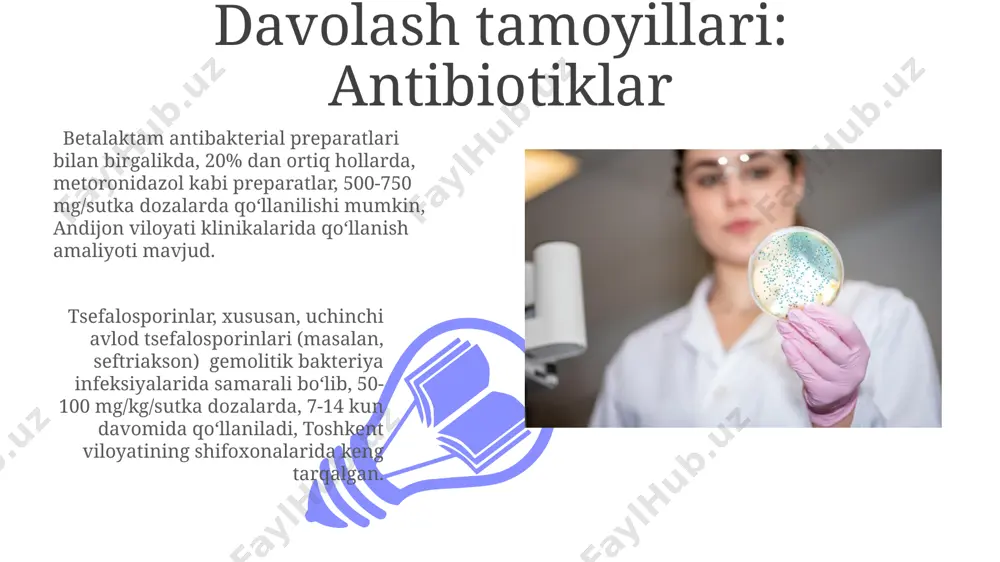 oʻzbekiston hududida topilgan 100 dan ortiq gemo-filiya bakteriya shtammlarini aniqlash mumkin. voyaga yetganlarda gemofil infeksiyonlari gemofil bakteriyalarining b tipidagi infeksiyonlari, 5 yoshdan katta bolalarda va kattalarda, asosan, nafas yoʻllari infeksiyonlarini keltirib chiqaradi va bu infeksiyonlarning davolashda antibiotiklarga chidamlilik 20% dan yuqori boʻlishi mumkin. toshkent shahridagi tadqiqotlar shuni koʻrsatdiki, gemofil infeksiyonlari bilan kasallangan bemorlarning 15% da immunitet tizimining zaiflashuvi kuzatiladi, bu esa kasallikning ogʻir kechaishiga olib keladi. gemofil infeksiyonlarining patogenezi gemofilik infeksiyonlarning patogenezi, bakteriyaning lps (lipopolisaxarid) toksikal ta'siri va hujayra devoridagi proteinlarning yallig'lanishga olib keluvchi reaktsiyalarni qo'zg'atishi bilan bog'liq bo'lib, bu jarayon jahon bo'ylab 200 000 dan ortiq chaqaloqlarni ta'sir qilishi mumkin. gemofilus influensasi bakteriyasi tip 2 kapsulasini ishlab chiqarish orqali, hujayra yopishqoqligi (adgeziya) orqali nafas yo'llarining shilliq pardalariga birikadi va 10 6 -10 8 cfu/ml ga yetganda infeksiyonni keltirib chiqaradi. tadqiqotlar va kelajak istiqbollari jahon sog'liqni saqlash tashkiloti (jsst) ma'lumotlariga ko'ra, gemolitik bakteriyalar infeksiyalarini davolashda 10 yil ichida yangi antibiotiklarni …