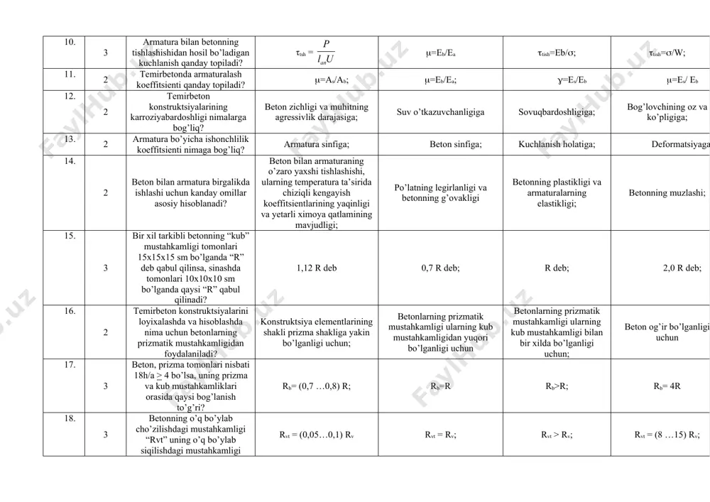 tashlashi va relaktsiyasi. ligerlovchi qo’shimchalar bo’lishi plastikligi; mo’rtligi va payvanlanishi 7. 2 armaturani taranglashning nechta usuli bor? 4 ta 5 ta 2 ta 6 ta 8. 3 qaysi sinfdagi armaturalar oldindan zo’riqtirilgan armatura sifatida ishlatiladi? a-iv, a-v, a-vi, at-iv, at-v, at-vi, b-ii, bp-ii, k-7 a-i, a-ii, a-iii, a-iv, a-v; b-i, b-ii, bp-i, bp-ii; da-i, a-i. i, a-iii 9. 2 temirbetonni oldindan zo’riqtirishni asosiy mohiyati nimadan iborat? yuqori mustahkamlikka ega bo’lgan materiallarni qo’llashga imkon berishidan, darzbardoshligi ortishidan; kirishish-qisqarish deformatsiyalari va toptashluvchi deformatsiyalari kamayishidan; betonni chegaraviy deformatsiyalari ko’payishidan; konstruktsiya ustivorligi oshishidan; 10. 3 armatura bilan betonning tishlashishidan hosil bo’ladigan kuchlanish qanday topiladi? τtsh = (=eb/ea (tish=eb/(; (tish=(/w; 11. 2 temirbetonda armaturalash koeffitsienti qanday topiladi? (=as/ab; (=eb/ea; (=es/eb (=es/ eb 12. 2 temirbeton konstruktsiyalarining karroziyabardoshligi nimalarga bog’liq? beton zichligi va muhitning agressivlik darajasiga; suv o’tkazuvchanligiga sovuqbardoshligiga; bog’lovchining oz va ko’pligiga; 13. 2 armatura bo’yicha ishonchlilik koeffitsienti nimaga bog’liq? armatura sinfiga; beton sinfiga; kuchlanish …