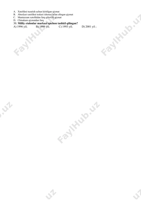 yadagi iso standartlari joriy etilmokda? a) 2000; b) 9000; c) 3000; d) 4000; 29. tuzаtmа dеb nimаgа аytilаdi? a. xаtоlikni tuzаtish uchun kiritilgаn qiymаt b. аbsоlyut xаtоlikni tеskаri ishоrаsi bilаn оlingаn qiymаt c. muntаzzаm xаtоlikdаn fаrq qiluvchi qiymаt d. chinаkаm qiymаtdаn fаrq 30. milliy etаlоnlаr mаrkаzi qаchоn tаshkil qilingаn? a) 1996 yil; b) 1999 yil; c) 1993 yil; d) 2001 yil ; _1439638990.unknown _1439638997.unknown _1439638998.unknown _1439638999.unknown _1439638994.unknown _1439638995.unknown _1439638992.unknown _1439638993.unknown _1439638991.unknown _1439638988.unknown _1439638989.unknown _1439638987.unknown n n ур t s c c ± = c c c d ± = [ ] x n = c s c c ± = ўр 1 n ) x x ( n 1 i 2 i - - = s å = 1 n x x n 1 i i - - = s å = n ) x x ( n 1 i 2 i å = - = s n s s …