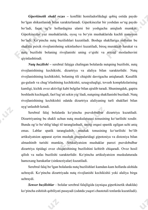 rning birgalikdagi natijasi sifatida qaraladi, ular orasida kinestetik-harakat muhim ahamiyatga ega. serebral falaj bo‘lgan bolalarda atrof-muhit gnozisi to‘liq rivojlanmasligi muhim o‘rin egallaydi, u ko‘rish qobiliyatining buzilishi va bosh miya katta yarim sharlari tepa qismining shikastlanishi yoki to‘liq rivojlanmaganligi bilan bog‘liq. ko‘rish qobiliyati buzilishlari ko‘rish funksiyasining yetishmovchiligi bilan qonvergensiya, ko‘rish maydonining torayishi, ptoza, g‘ilaylik, nistagma va ko‘rish o‘tkirligining pasayishi bilan bog‘liq. ko‘z olmasi harakatlanishining buzilishi, ko‘z olmasini harakatlantiruvchi mushaklar parezi oqibati hisoblanadi. atrof-muhit gnozisi shakllanishining buzilishida, shuningdek, eshitish qobiliyatining buzilishi ham katta ahamiyatga ega. bunday sensor buzilishlar kelgusida diqqatning buzilishi va fikrni jamlay olmaslikning sababi bo‘lib xizmat qiladi. his-tuyg‘uning buzilishi. bolalar serebral falaji bilan kasallanganlarda his-tuyg‘u buzilishi kuzatiladi, bu esa kuchli ta’sirlanish, qayfiyatning o‘zgarib turishi, qo‘rquvning paydo bo‘lishida namoyon bo‘ladi tug‘iladi. intellektual buzilishning rivojlanishi. serebral falajli bolalarda intellektual rivojlanish ko‘pincha kechiqadi yoki buziladi. bolalar serabral falajligida intelektual buzilish turlicha bo‘ladi. taxminan 30% bolalarda oligofreniya turidagi intelektning to‘liq rivojlanmaslik, 2030% bolalarda intelektning …
