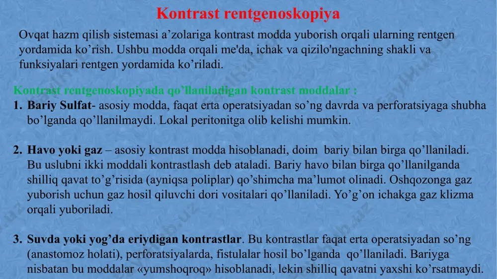 hi- bu ichak tarkibining normal harakatlanishi buzilgan holatdir. u qisman yoki to‘liq bo‘lishi mumkin va ingichka yoki yo‘g‘on ichakning istalgan qismida yuzaga kelishi mumkin. ichak tutilishi jiddiy asoratlarga olib kelishi mumkin va zudlik bilan tibbiy aralashuvni talab etadi. yo‘g‘on ichak saratoni (kolorektal saraton) yo‘g‘on yoki to‘g‘ri ichakda rivojlanadigan xavfli o‘sma hisoblanadi. bu saraton turlarining eng keng tarqalganlaridan biri bo‘lib, uning tashxisi va davolanishi bemorning sog‘ayish imkoniyatlarini oshirishda muhim ahamiyat kasb etadi. ichak kasalliklari o‘n ikki barmoqli ichak yarasi - ingichka ichakning birinchi qismi hisoblangan o‘n ikki barmoqli ichak shilliq qavatida nuqsonlar (yaralar) paydo bo‘lishi bilan xarakterlanadigan surunkali kasallikdir. yara shilliq pardaning himoya mexanizmlari zaiflashganda va u me’da kislotasi hamda pepsinning ta’siriga uchraganda vujudga keladi. kron kasalligi – surunkali yallig‘lanish kasalligi bo‘lib, oshqozon-ichak yo‘lining istalgan qismini zararlashi mumkin, ammo ko‘pincha ingichka va yo‘g‘on ichakka ta’sir etadi. bu kasallik ichak yallig‘lanish kasalliklari (iyk) guruhiga mansub bo‘lib, yallig‘lanish, yaralar va ichak devorining barcha …