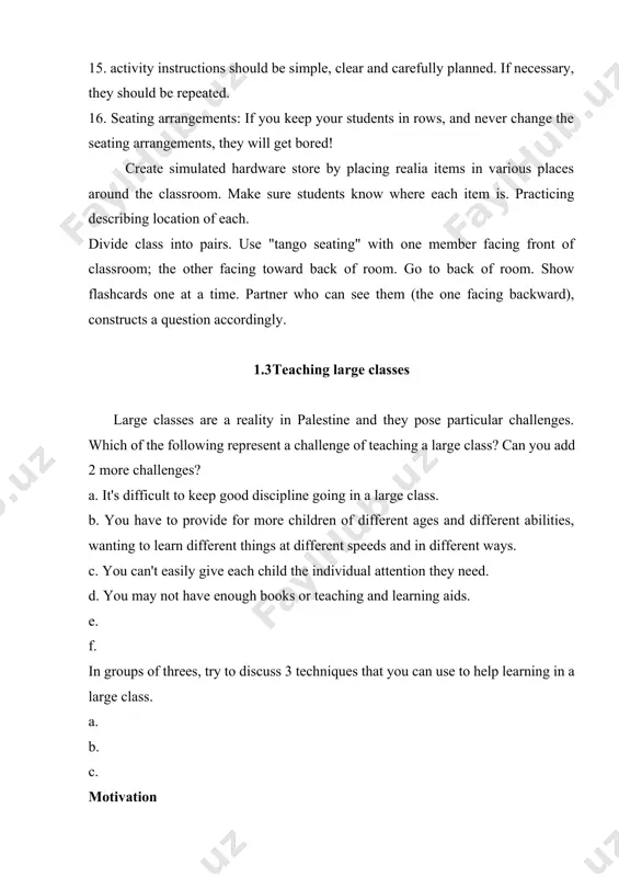 n language” (richards and rodgers 1986:3). 2. reading and writing are emphasized and no focus on listening and speaking. 3. students learn vocabulary in bilingual lists: l1 and l2 are always compared. 4. accuracy is emphasised and grammatical rules are taught explicitly (deductively). 5. deductive learning is essential: the teacher gives rules explicitly then the rules are reinforced with examples and exercises. 6. l1 is the medium of instruction classes are taught in the students' mother tongue, with little active use of the target language. 7. the role of the teacher is very traditional and authoritarian in the classroom. 8. most of the interaction in the classroom is from the teacher to the students. there is little student initiation and little student-student interaction. in-class reflection ………………………………………………………………………………………………………………………………………………………………………………………………………………………………………………………………………………14 the direct method principles & characteristics 1. advocated first by french and german educators and then introduced to american commercial language schools by berlitz …