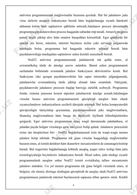 ırıw imkaniyatların sezilerli dárejede arttıradı. bul bolsa kompyuterdiń qáwipsizligin támiyinlep qoymastan, paydalanıwshınıń jeke maǵlıwmatların, finanslıq maǵlıwmatların hám basqa da áhmiyetli fayllardı kiberhújimlerden qorǵaydı. eger antivirus programmasi uzaq waqit dawamında jańalanbasa, ol jańadan payda bolgan viruslarga qarsı nátiyjesiz bolip qaladı. jańalanıw procesiniń ózine tán táreplerinen biri - nod32 baǵdarlamasınıń ózin de waqtı-waqtı menen jańalaw bolıp tabıladı. programma tek ǵana viruslar haqqındaǵı maǵlıwmatlar bazasın emes, al óziniń detektor hám skanerlew mexanizmlerin de zamanagóylestirip baradı. bul ózgerisler baǵdarlamaǵa kóbirek anıqlıq, joqarı islew tezligi hám jańa texnologiyalarǵa beyimlesiw imkaniyatın beredi. mısal ushın, jańa túrdegi zıyanlı programmalardı anıqlaw ushın nod32 óziniń evristikalıq tallaw mexanizmin jańalawı múmkin. usı jol menen programma tek ǵana belgili viruslardı emes, al belgisiz, ele rásmiy dizimge alınbaǵan qáwiplerdi de anıqlay aladı.nod32 antivirus programmasın jańalawda internet baylanısınıń sapasına itibar qaratıw zárúr. kúshli hám turaqlı internet baylanısı jańalanıw procesin tez hám mashqalasız juwmaqlaw imkaniyatın beredi. eger internet baylanısı úzilip qalsa yaki tómen tezlikte …