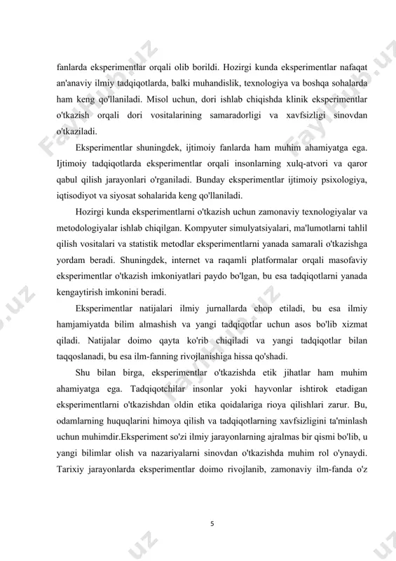 miy nazariyalarni tasdiqlash yoki rad etish maqsad qilingan. eksperiment yordamida hodisalar o‘rtasidagi munosabatlar aniqlanadi va bu ilmiy bilimlarni chuqurlashtirish imkonini beradi. eksperiment so‘zining tarixi uning ilmiy tahlil qilish va tushunish orqali qanday shakllanganini, rivojlanganini va bugungi kunda qanday o‘rganilayotganini ko‘rsatadi. ilmiy eksperimentlarning tarixi qadimgi davrlarga borib taqaladi, biroq bugungi kunda biz bilgan zamonaviy eksperiment turlarining shakllanishi xvii asrga, ilmiy inqilob davriga borib taqaladi. ilmiy tajribalar o‘rganishning dastlabki bosqichlarida "eksperiment" so‘zi ko‘proq sinov, tekshirish yoki tajriba qilish ma’nosida ishlatilgan. uning boshlang‘ich o‘zagi qo‘llanilgan amaliyotlarda bo‘lsa-da, ilmiy metodlarning rivojlanishi bilan eksperiment so‘zining ilmiy ma’nosi shakllandi. ilmiy metodlarning asosiy unsuri sifatida eksperimentning qo‘llanilishi faqatgina xv–xvi asrlarda boshlanadi. ilmiy eksperimentlarning rivojlanishining dastlabki bosqichlari alohida jamoalar tomonidan olib borilgan tajribalar va tekshiruvlar bilan bog‘liq. o‘rta asrlarda, albatta, ilmiy eksperimentlar amaliyotlari haqida gapirish qiyin edi, chunki bu davrda ilmiy ishlanmalar asosan diniy yoki falsafiy qarashlarga asoslangan edi. lekin, o‘sha davrda ham ba’zi bir texnik tadqiqotlar va …