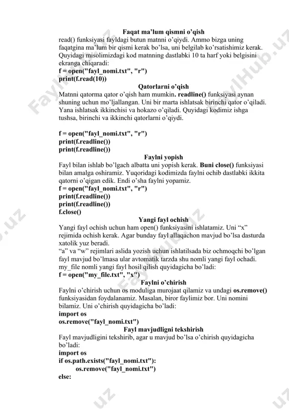 an bo’lsa o’sha faylga yo’llanmani ko’rsatish kerak: f = open("d:\fayllarim\fayl_nomi.txt", "r") print(f.read()) faqat ma’lum qismni o’qish read() funksiyasi fayldagi butun matnni o’qiydi. ammo bizga uning faqatgina ma’lum bir qismi kerak bo’lsa, uni belgilab ko’rsatishimiz kerak. quyidagi misolimizdagi kod matnning dastlabki 10 ta harf yoki belgisini ekranga chiqaradi: f = open("fayl_nomi.txt", "r") print(f.read(10)) qatorlarni o’qish matnni qatorma qator o’qish ham mumkin. readline() funksiyasi aynan shuning uchun mo’ljallangan. uni bir marta ishlatsak birinchi qator o’qiladi. yana ishlatsak ikkinchisi va hokazo o’qiladi. quyidagi kodimiz ishga tushsa, birinchi va ikkinchi qatorlarni o’qiydi. f = open("fayl_nomi.txt", "r") print(f.readline()) print(f.readline()) faylni yopish fayl bilan ishlab bo’lgach albatta uni yopish kerak. buni close() funksiyasi bilan amalga oshiramiz. yuqoridagi kodimizda faylni ochib dastlabki ikkita qatorni o’qigan edik. endi o’sha faylni yopamiz. f = open("fayl_nomi.txt", "r") print(f.readline()) print(f.readline()) f.close() yangi fayl ochish yangi fayl ochish uchun ham open() funksiyasini ishlatamiz. uni “x” rejimida ochish kerak. agar bunday fayl allaqachon …