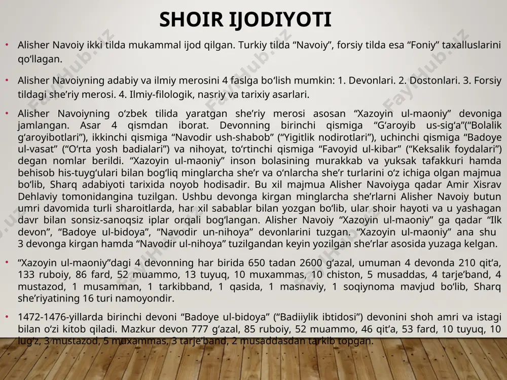 yuksak choʻqqisi “xamsa” asaridir. uning yaratilishi turkiy xalqlar adabiyotida muhim voqelik boʻlgan. shoir birinchilardan boʻlib, turkiy tilda toʻliq “xamsa” yaratdi va shu bilan turkiy tilda koʻlamdor asar yozish mumkinligini isbotlab berdi. “xamsa” yaʼni “besh doston” asarini yaratish - mumtoz sharq adabiyotining eng mukammal anʼanalaridan biri boʻlgan. shu sabab ham tarixda “xamsa” asarini yaratgan shoirlar barmoq bilan sanarli. alisher navoiy “saddi iskandariy” dostonining muqaddima qismida bu masalaga maxsus toʻxtalib, “xamsa” ning har bir dostoni yozilishini kunning maʼlum vaqtlarida oʻqiladigan sahar, peshin, asr, shom va xufton namozlariga oʻxshatadi. navoiy yoshligidanoq turkiy tilda besh doston yaratishni maqsad qilgan. va u boshqa “hamsa” yaratgan shoirlarga nisbatan juda qisqa muddatda, yaʼni 1483-1485-yillarda yozib tugatgan. bu davr mobaynida shoir boshqa traktatlarni ham yaratadi. navoiyning “xamsa” asari “hayrat ul-abror”, “farhod va shirin”, “layli va majnun”, “sabaiʼ sayyor” va “saddi iskandariy” kabi yirik dostonlardan iborat. 52 ming misradan iborat bu beshlik 15-asr islom tafakkurining borliq va tabiat, inson …