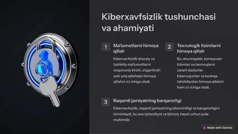 ar bilan hamkorlik qiladi. resurslar agentlik, kiberxavfsizlik bilan bog'liq turli xil resurslar va xizmatlarni taqdim etadi, jumladan, o'qitish materiallari va maslahat xizmatlari. https://gamma.app/?utm_source=made-with-gamma kiberxujumlardan himoya choralari 1 parol xavfsizligi kuchli va noyob parollardan foydalanish, shuningdek, ikki bosqichli autentifikatsiyadan foydalanish muhimdir. 2 dasturiy ta'minotni yangilash dasturiy ta'minotni muntazam ravishda yangilash, xavfsizlik zaifliklarini tuzatishga yordam beradi. 3 antivirus va xavfsizlik dasturlarini o'rnatish bu dasturlar, zararli dasturlar va kiberxujumlardan himoya qilishga yordam beradi. 4 ehtiyotkorlik bilan fayllarni yuklash ishonchsiz manbalardan fayllarni yuklamaslik kerak va yuklangan fayllarni antivirus bilan tekshirish muhimdir. https://gamma.app/?utm_source=made-with-gamma kiberxavfsizlik sohasidagi qonunlar qonunlar maqsad kiberjinoyatchilikka qarshi kurash to'g'risidagi qonun kiberjinoyatchilikni oldini olish va jazolash ma'lumotlarni himoya qilish to'g'risidagi qonun shaxsiy ma'lumotlarni himoya qilish elektron imzo to'g'risidagi qonun elektron imzolarni qonuniy ravishda foydalanishni tartibga solish https://gamma.app/?utm_source=made-with-gamma kichik va o'rta biznes uchun kiberxavfsizlik xavfsizlikni baholash kichik biznes, kiberxavfsizlik xavflarini aniqlash va baholash uchun mutaxassislarni jalb qilishi kerak. xavfsizlik siyosatini yaratish parol xavfsizligi, dasturiy …