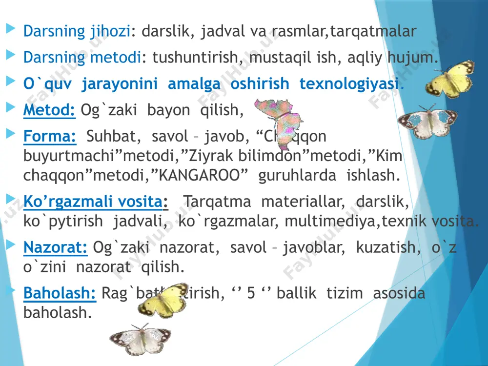 shakl: jamoa, guruh bilan va har bir o'quvchi bilan ishlash. jihoz: darslik, mavzu asosida ko'rgazmali materiallar, jadval. nazorat: og'zaki nazorat, savol-javob, kuzatish, o'z-o'zini nazorat qilish. baholash: o'quvchilar 5 ballik revting tizimida baholanadi. matematika fanidan 1-soatlik dars ishlanmasi mavzu: soat, minut. 100-6 ko'rinishdagi misollarni yechish (50-51-betlar). darsning maqsadi: ta’limiy: o‘quvchilarga 3 xonali sonlarni yechishni tushuntirish, tarkibli masala yechish. tk1: so‘z va gaplarni bog‘lagan holda o‘z fikrini aniq va ravshan ifodalay olish; tk6: aniq hisob-kitoblarga asoslangan holda shaxsiy rejalarni tuzish; fk1: o‘rganilgan matematik tushunchalarni qabul qila olish, mavzuga doir tegishli misollar keltira olish. tarbiyaviy: a) o'quvchilarning matematika faniga bo'lgan qiziqishini yanada orttirib borish; b) har bir matematik muammolarni ahillik. birodarlik, hamjihatlik, hozirjavoblik bilan bajarish fazilatlarini tarbiyalash.tk3: masala yechimiga yaqinlashish darajasini baholay olish va zarur hollarda o‘z faoliyatini to‘g‘rilay olish; rivojlantiruvchi: tasavvur ko‘nikmalarini rivojlantirish. fk2: o‘qituvchi bilan hamkorlikda masalaning yechimini topish rejasini tuza olish, tuzilgan reja asosida ishlay olish va o‘z faoliyatini to‘g‘rilab …