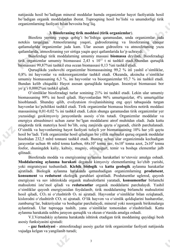 chirishi uchun zarur bo’lgan eng muhim omil hisoblanadi. suvning asosiy qismi (95%) dunyo okeanida saqlanadi. okeanlar yer yuzasining 70% ini tashkil etadi. ulardagi suv zahirasi 1300 mln. kub kmni, ko’l va daryolarda esa 0,182 mln kub km-ni tashkil etadi. suvda ko’p miqdorda kislorod va karbonat angidrid gazlari erigan bo’ladi. suvda erigan karbonat angidrid miqdori atmosferadagiga nisbatdan 60 marta ko’p bo’ladi. kislorod suvdagi organizmlarning nafas olishi uchun zarur. karbonat angidrid gazi esa suv o’tlarning fotosintez jarayonida ishtirok etadi. suvda erigan kislorod va karbonat angidrid miqdori suv haroratiga va undagi tirik organizmlar tarkibiga bog’liq. odatda bir muncha sovuq suvlar kislorodga boy bo’ladi. gidrosfera litosfera rivojlanayotgan geologik davrda undan ko’p miqdorda suv bug’lari ajralib chiqishi natijasida hosil bo’lgan. litosfera-yerning tog’ jinslari va tuproqdan iborat qattiq geologik qobig’i, organizmlarning asosiy qismi litosferaning sirtqi g’ovak qatlami-tuproqda hayot kechiradi. tuproqning qalinligi bir necha metrdan oshmaydi. tuproq tog’ jinslari yemirilishi natijasida hosil bo’ladigan mineral moddalar hamda organizmlar …