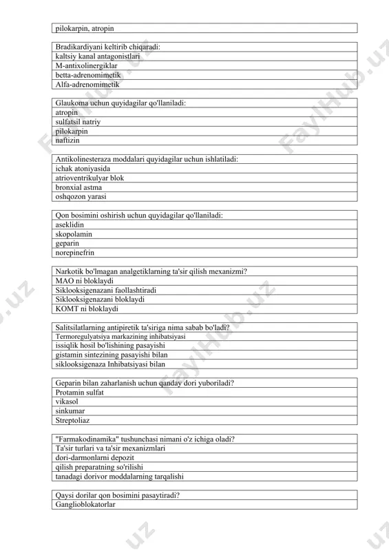 a'siriga nima sabab bo'ladi? termoregulyatsiya markazining inhibatsiyasi issiqlik hosil bo'lishining pasayishi gistamin sintezining pasayishi bilan siklooksigenaza inhibatsiyasi bilan geparin bilan zaharlanish uchun qanday dori yuboriladi? protamin sulfat vikasol sinkumar streptoliaz "farmakodinamika" tushunchasi nimani o'z ichiga oladi? ta'sir turlari va ta'sir mexanizmlari dori-darmonlarni depozit qilish preparatning so'rilishi tanadagi dorivor moddalarning tarqalishi qaysi dorilar qon bosimini pasaytiradi? ganglioblokatorlar antixolinergik vositalar miorelaksantlar m-antikolinergiklar funktsional kumulyatsiya quyidagilarga xosdir: etil spirti fenobarbital digitoksin natriy bromid fenobarbital digitoksin etil spirti passiv diffuziya-bu dorivor moddalarning so'rilishi: konsentratsiya gradienti bo'yicha protein tashuvchilari ishtirokida oqsil tashuvchilari ishtirokidagi kontsentratsiya gradienti bo'ylab konsentratsiya gradientiga qarshi taxifilaksi nima? takroriy foydalanish bilan ta'sirning tez zaiflashishi aniq narkotiklikka bog'liqlik tananing tug'ma intoleransi preparatning tez,aniq ta'siri jigarda kumulyatsiyaga quyidagilar yordam beradi: biotransformatsiyaning zaiflashishi buyraklardagi absorbsiyaning zaiflashishi jigarda mikrosomal fermentlarning faollashishi preparatning oziq-ovqat bilan o'zaro ta'siri qaysi moddalar antidotlar deb ataladi? kimyoviy ta'sir qiluvchi antagonistlar narkotiklikka olib keladigan moddalar jismoniy o'zaro ta'sirga kiradigan moddalar farmakologik jihatdan …