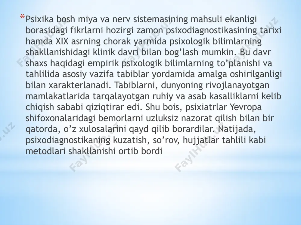 dunyoga tanitgan. bu kitobni u katta qiyinchiliklar bilan 1920 yilda chop etadi. psixodiagnostika xix asrning oxirida vujudga kelgan va individual-psixologik tafovutlarni o’rganuvchi fan sifatida, ularni o’lchashga, baholashga talabgor, intelekt o’lchamlari haqidagi bahs-munozaralarda toblangan holda yangi asr boshiga yetib keldi. qisqa vaqt mobaynida esa, aqliy galton shkalalaridan bine testlarigacha bo’lgan masofani bosib o’tdi. ma’lumki, psixodiagnostika yuzaga kelgan vaqtidan boshlab xix asr oxiriga qadar “intelekt”ni o’rganishdagi individual tafovutlarni o’lchashga mo’ljallangan edi. oldinda esa, xx asr, psixodiagnostikani rivojlanishini belgilab beruvchi yangi yutuqlar, omadsizliklar, diskussiya va kashfiyotlar davri turardi. yil avtorlar eslatma 1905 bine va simon 30 ta topshiriq, standartlashtirish yo’q. 1908 bine va simon aqliy yoshni konsepsiyalash, to’liq bo’lmagan standartlashtirish. yil avtorlar eslatma bine – simon shkalasining xx asrda rivojlanish darajasi 1911 bine va simon kattalar uchun chegaralangan shkalalar qo’shilgan. 1916 termen va merrill ko’pgina verbal material. 1937 termen va merrill ikkinchi qayta nashri, parallel shakllar ishlatilgan, standartlashtirish yaxshilangan. 1960 termen va merrill …