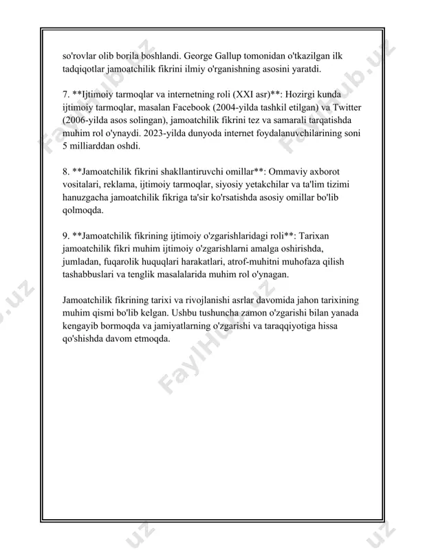 mumkin. bunday hollarda jamoatchilik fikrini so'rovlar orqali emas, balki boshqaruv tizimiga bo'lgan munosabatlar yoki noroziliklarni o'rganish orqali tushunish mumkin bo'ladi. jamoatchilik fikri tadqiqotlari natijalari faqat ommaviy axborot vositalariga taalluqli bo'lmasdan, balki siyosiy qaror qabul qilish jarayonlariga, marketing strategiyalariga, ijtimoiy loyihalarga ham katta ta'sir ko'rsatadi. shu tariqa, jamoatchilik fikri tushunchasi va uni o'rganish ijtimoiy hayotning muhim tarkibiy qismi sifatida ahamiyatga ega. 3. jamoatchilik fikrining shakllanishi jamoatchilik fikrining shakllanishi — bu jamiyatdagi turli ijtimoiy guruhlar va individlarning dinga, siyosatga, iqtisodiyotga va boshqa ijtimoiy muammolarga bo'lgan munosabatlarini ifodalaydi. u turli omillar ta'sirida shakllanadi hamda bu jarayonda ommaviy axborot vositalari va boshqa axborot manbalari asosiy rol o'ynaydi. jamoatchilik fikrining shakllanishida ommaviy axborot vositalari — gazeta, radio, televizor va internet resurslari asosiy rol o'ynaydi. o'zbekiston statistika qo'mitasi ma'lumotiga ko'ra, 2020 yilda o'zbekistonda 14 milliondan ortiq internet foydalanuvchisi mavjud edi. bu aholining taxminan 42% ini tashkil etadi. internet orqali axborot olish ko'payganligi sababli, jamoatchilik fikrining shakllanishida …