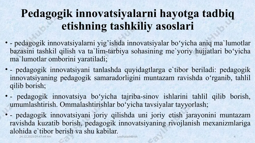 lari va uning tashkil etuvchilari haqidagi koʻnikmalarini shakllantirish; - muammolarni maqsad, vazifa va fanning mazmuni boʻyicha umumlashtirish; - bilimlarni tekshirish va mustaxkamlash. *mazmun: talabalarning egallashi lozim boʻlgan bilim. oʻqituvchi 10.05.2022 20:28:45 loyihalashtirish 9 10.05.2022 20:28:45 darsni tashkil etish bosqichi: uslub: og’zaki bayon qilish. shakl: ma`ruza mashg’uloti, kichik guruhlar va jamoadaishlash. vosita: tarqatma va taqdimot materiallari. usul: tayyor yozma materiallar. nazorat: og’zaki nazorat, savol-javoblar, kuzatish. baholash: rag’batlantirish, reyting tizimi asosida baholash. oʻqituvchi loyihalashtirish 10 3. mustaqil ishlash bosqichi: - munozara, aqliy hujum, mikroguruhda ishlash va boshqa metodlar orqali nazorat topshiriqlarini yechishga yoʻnaltiriladi. - talabalar nazorat topshiriqlarini hal qilish toʻg’risidagi fikrlarini oʻzaro muhokama qilishadi. - oʻzi va mikroguruh uchun yagona javobni tanlaydi. talaba 10.05.2022 20:28:45 loyihalashtirish 11 4. natijalarni eshitish va tahlil qilish bosqichi: - talabalar va mikroguruh fikri tinglanadi, ularga aniqlashtiruvchi savollar beriladi. - mikroguruhlarning javoblari toʻg’risida talabalar fikrianiqlanadi. - javoblar tahlil etiladi. oʻqituvchi -talaba 10.05.2022 20:28:45 loyihalashtirish 12 5. yakuniy …