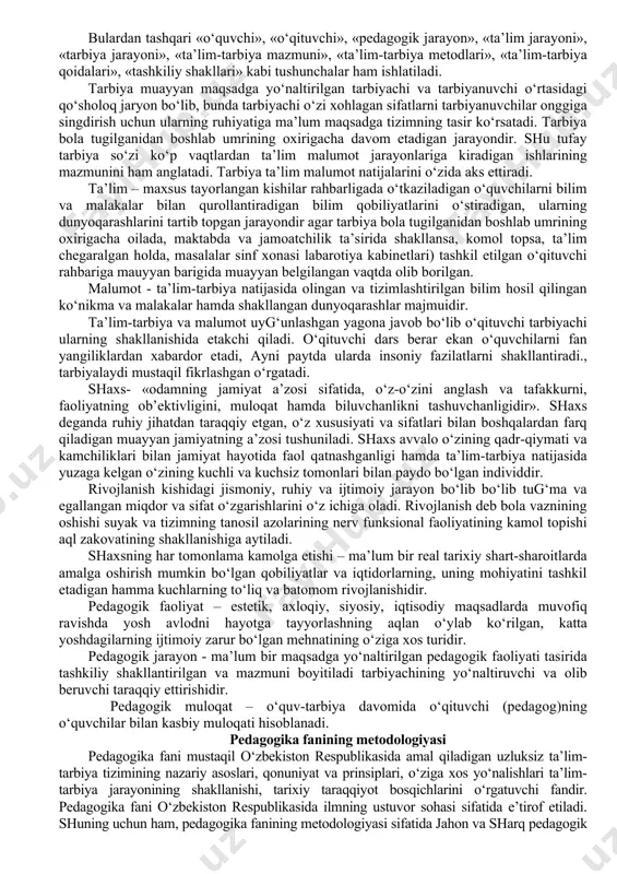 qoralangan tasavvuf ilmidan ham foydalanish joiz. negaki, bir mafkura yakka hokimliligiga endilikda nuqta qo‘yiladi. erkin fikrlash tizimi yosh avlod ruhini tarbiyalashdagi bosh omillardan biridir. «pedagogika» atamasi «peyne»-«bola»va «aygogeyn»-«etaklamoq» degan ma’noni bildiruvchi lotincha «daydagogos» so‘zlaridan paydo bo‘lishi quyidagicha izohlanadi: eramizdan oldingi ii asrlarda gretsiyada, quldorlarning bolalalarini ovqatlantiradigan, sayrga olib boruvchi, tarbiyachi-qullarni «pedagog» deb atalgan. u bolalarning kamolga etishiga mas’ul bo‘lgan. quldorning bolasini etaklab maktabga olib borgan va olib kelgan. maktabda ishlovchi o‘qituvchilarni «didaskallar» (didayko-men o‘qitaman) deyishgan. feodalizm jamiyatiga kelib esa har ikki kasbdagi kishilar hamkorligi natijasida ta’lim-tarbiya bilan maxsus shug‘ullanuvchilar vujudga kelgan. ularni chex pedagogi ya.a.kamenskiy ta’kidlaganidek, «pedagog» deb nomlaganlar va bu so‘z hozir ham ta’lim-tarbiya beruvchi o‘qituvchilarga nisbatan qo‘llaniladi. pedagogika fanining tushunchalari (kategoriyasi) har bir fanning mazmun va mohiyatidan kelib chiqadigan, uning asosiy tomonlarini yoritishda xizmat qiladigan va eng ko‘p ishlatiladigan asosiy tushunchalari bo‘ladi. xuddi shuningdek pedagogika faning ham asosiy kategoriyalari mavjud. kategoriya – (yunoncha: kategoriya – «ko‘rsatma» «dadil» «tushuncha») …