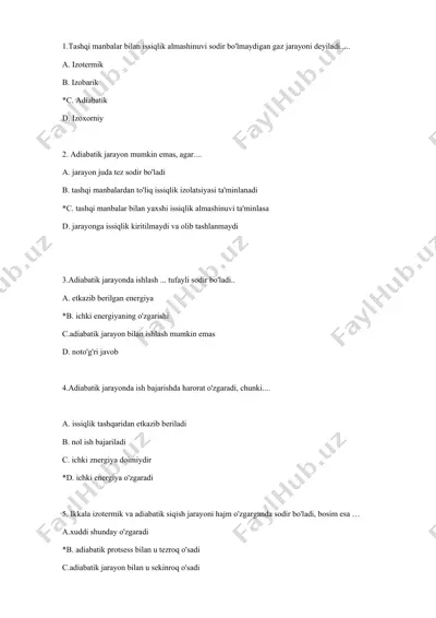 adiabatik jarayonlar bo‘yicha test savollari — DOCX