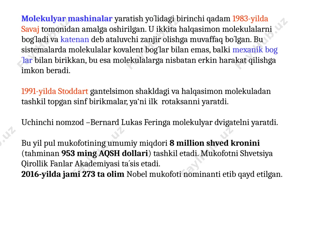vchi (1-rasm) ikki yoki undan ko´p ulangan molekulyar halqalar va rotaksanlar – ikki qismdan iborat molekulalar bo´lib, chetlarida hajmdor guruh (stopperlar) tutgan bo´lib, halqa chiqib ketmasligini ta´minlaydi (2-rasm), bunda birinchi qism (halqa) ikkinchisi (to´g´ri asos) bo´ylab aylanishi mumkin. 2-rasm. rotaksan (´´molekulyar porshen´´), chiziqli molekula va musbat zaryadlangan halqadan iborat bo´lib, u kremniyli hajmdor guruhlar ta´sirida tushib qololmaydi. chiziqli molekulada ikkita benzolli halqa mavjud: bittasi azot atomlari orasida ikkinchisi esa kislorod atomlari orasida joylashgan. azot atomlari oson oksidlanadi (elektron beradi), bunda musbat zaryadlangan molekula hosil bo´ladi. kislorod atomlari esa bunday qilolmaydi, ammo o´zlarining yuqori elektromanfiyliklari tufayli benzol halqasi elektronlarini neytral azot atomlariga nisbatan ko´proq tortadi. musbat zaryadlangan halqa chiziqli molekulaning ko´proq musbat zaryadlangan sohasidan itariladi. ya´ni, chiziqli molekula oksidlanganda (tepada) halqa kislorod atomlari bilan bog´langan benzol halqasi tomon siljiydi, chiziqli molekula neytral bo´lganda (pastda) esa halqa uchun azot bilan bog´langan benzol halqasi ´´komfort´´ (qulay) bo´ladi. feringening yondashuvi prinsipial boshqacha va „elegant“ …