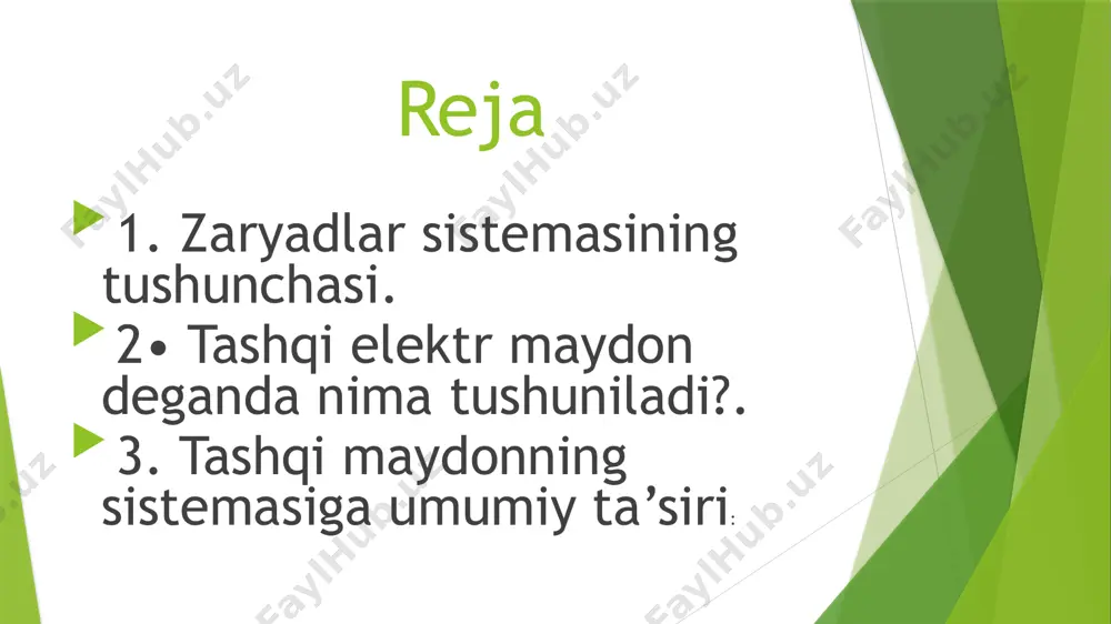 shgan boʻladi. zaryaddan juda uzoq nuqtaning masofasi zaryad oʻlchamlariga nisbatan juda katta boʻlishi mumkin. tekshirilayotgan masofaga nisbatan oʻlchamlari cheksiz kichik boʻlgan zaryad nuqtaviy zaryad deyiladi. elektr maydon — elektr zaryadlar yoki oʻzgaruvchan magnit maydon hosil qilgan fizik maydon. vaqt boʻyicha oʻzgarmaydigan elektr maydon elektrostatik maydon). elektr maydon tushunchasini birinchi boʻlib m. faradey xix asr 30-yillarida kiritgan. elektr maydon materiyaning maydon koʻrinishidir. materiyaning har qanday oʻzgarishlari, ularning oʻzaro taʼsirlari vaqt oraligʻida va fazoda roʻy beradi, har qanday fizik taʼsir faqat chekli tezlik bilan tarqaladi. elektrlangan jismlarning bir-biriga taʼsiri, ularning harakati elektr maydonlari tufaylidir. elektr zaryadlar bir-biriga bevosita emas, balki bilvosita taʼsir etadi. har bir zaryad d oʻz atrofidagi fazoda elektr maydon harakat qiladi va shu maydon orqali boshqa maydonga taʼsir etadi demak, elektr maydonning asosiy xususiyatlaridan biri mavjud boʻlgan elektr maydonga zaryad kiritilganda unga gʻ kuch taʼsir etishidir. elektr maydon elektr maydon kuchlanganligi yo va maydon potensiali f bilan tavsiflanadi. elektr …