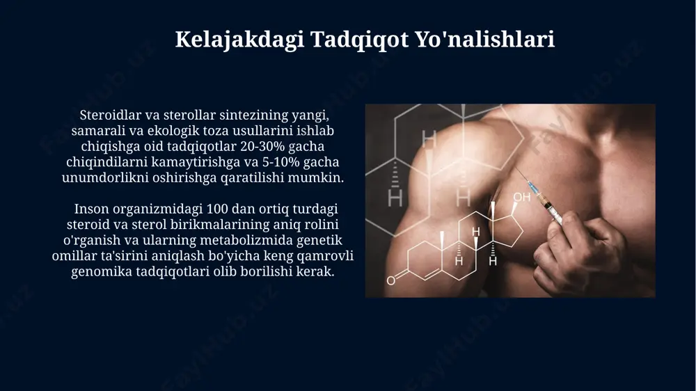 erol bo'lib, hujayra membranalarining tarkibiy qismi hisoblanadi va boshqa steroid gormonlarning sintezida muhim rol o'ynaydi, masalan, 20 dan ortiq steroid gormonlar. steroidlarni qo'llashga bog'liq yon ta'sirlar steroidlarni uzoq muddatli qo'llanilishi 30% hollarda jigar shikastlanishiga, shu jumladan, gepatotsitlarning nekroziga olib kelishi mumkin. yuqori dozalarda steroidlarning qo'llanilishi 20% dan ortiq hollarda mushaklarning atrofiyasi va osteoporozni keltirib chiqarishi mumkin. steroidlar va sterollar tadqiqotlari o'simlik sterollarining tarkibi va tuzilishi, xususan, sitosterol va stigmasterolning biologik faolligi bo'yicha ko'plab tadqiqotlar o'tkazilgan. inson tanasidagi xolesterol metabolizmi va uning yurak-qon tomir kasalliklari bilan bog'liqligi tadqiqotlari 100 yildan ortiq davom etmoqda, va hali ham yangi kashfiyotlar amalga oshirilmoqda. e'tiboringiz uchun rahmat @taqdimot_robot image5.jpg image6.jpg image7.jpg image8.jpg image9.jpg image10.jpg image11.jpg image12.jpg image13.jpg image14.jpg image15.jpg image16.jpg image17.jpg image18.jpg image19.jpg image20.jpg image21.jpg image1.jpg
