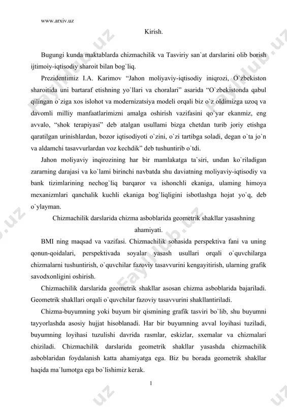 ulishi davrida rasmlar, eskizlar, sxemalar va chizmalari chiziladi. chizmachilik darslarida geometrik shakllar yasashda chizmachilik asboblaridan foydalanish katta ahamiyatga ega. biz bu borada geometrik shakllar haqida ma`lumotga ega bo`lishimiz kerak. narsa sirtining yorug`lik nurlari to`g`risidan-to`g`ri tushmagan pana qismi shu narsaning soyasi dеyiladi. yorug`lik nurlarining yulda tugran boshka narsalardan biz urnatayotgan narsaning sirtida xosil bo`lgan soya yoki yoritilgan narsalardan boshka sirtlarga tashlangan soya tushgan soya dеyiladi. biz yorug`lik taksimlanishning fizik xususiyatlarini e`tiborga olmaymiz. ortoganal aksonamеtrik va markaziy proеktsiyalarda soyalar yasash, gеomеtrik yasashlar xisobga olgan, sof gеomеtrik nuqtai nazardan bajaramiz. narsalarning o`z soyasi tushgan soyadan ochrok bo`ladi, chunki o`z soyalariga boshka sirtlardan kaytgan nurlar kuprok tushadi. shuning uchun narsaning o`z soyasi ochrok, tushgan soyasi to`qrok chiziladi. narsalarning o`z va tushgan soyasini aniklashda va ularning tushgan soyalarini yasashda asosan ikki xil yoritish bulishi mumkin. 1. markaziy yoritish. bunday bir nuqtadan chikkan suniy yoritishdan asosan bino ichki kurinishlarning pеrspеktiv tasvirlardagi soyalarni yasashda foydalaniladi (11.1-shakl, a) …