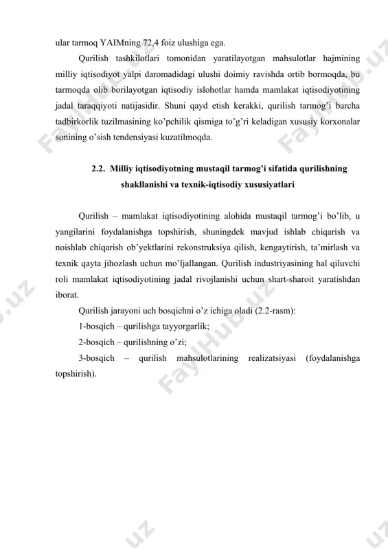 adi (2.2-rasm): 1-bosqich – qurilishga tayyorgarlik; 2-bosqich – qurilishning o’zi; 3-bosqich – qurilish mahsulotlarining realizatsiyasi (foydalanishga topshirish). 2.2-rasm. qurilish jarayonining bosqichlari qurilishga tayyorgarlik bosqichi quyidagi yo’nalishlarda amalga oshiriladi: ob’yektni qurishning texnik-iqtisodiy asoslari; ob’yektni loyihalash; muhandislik-texnik tayyorgarlik; qurilish. texnik-iqtisodiy asoslarni o’tkazishda muqobil loyihaviy yechimlar ko’rib chiqiladi, ob’yektning asosiy texnik-iqtisodiy ko’rsatkichlari aniqlanadi, qurilishning iqtisodiy maqsadga muvofiqligi va samaradorligi baholanadi, investorlar aniqlanadi va ta’minlanadi. loyihalash jarayonida ob’yektning me’moriy, rejalashtirish va loyihalash yechimlari, uning qurilishini tashkil etish usullari va ishlarni ishlab chiqarish texnologiyasi ishlab chiqiladi, qurilishning smeta qiymati aniqlanadi. shundan so’ng qurilishni muhandislik-texnik tayyorlash amalga oshiriladi: geodeziya tarmog’i ma’lumotnomasi olinadi, qurilish maydonchasini tayyorlash bo’yicha ishlar olib boriladi va muhandislik kommunikatsiyalari tarmoqlari yo’lga qo’yiladi. bevosita qurilish bosqichida qurilish mahsulotlari murakkab jarayonlarning kombinatsiyalangan texnologiyasini amalga oshirish asosida ishlab chiqariladi. bu yerda resurslar sarflanadi, binolarning moddiy elementlari, ularning sifati va me’moriy ifodasi shakllanadi, ishlab chiqarish xarajatlari amalga oshiriladi. qurilish mahsulotlarining realizatsiyasi bosqichida tugallangan ob’yektlar buyurtmachiga keyinchalik asosiy …
