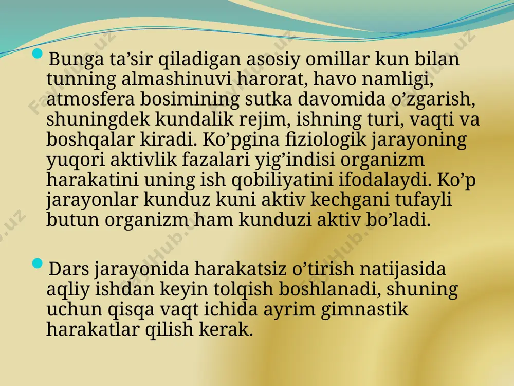 iklaridan forig‘ bo‘lish, yurakni sog‘lom qilish, infarktdan qutulish mumkin. aqliy mehnat jismoniy mehnat bilan almashtirib turilsa, odam uzoq vaqt charchamaydi, ishi unumli bo‘ladi. chunki aqliy mehnat davrida miyadagi qo‘zg‘algan markazlar jismoniy mehnat vaqtida dam oladi. chunonchi, ilm olishda har 40-60 daqiqada 5-6 daqiqa badantarbiya mashqlari bajarilsa, miyaning zo‘riqishidan paydo bo‘ladigan nevroz kasalligining oldi olinadi. jismoniy harakatsizlik saraton xavfini oshiradi. haddan tashqari jismoniy mashqlar va ortiqcha mashg'ulotlar davolanish natijalariga va hayot sifatiga salbiy ta'sir ko'rsatishi mumkin bo'lsa -da, muntazam ravishda o'rtacha jismoniy mashqlar bajarish fiziologik funktsiyani yaxshilash, saraton kasalligi va qaytalanish xavfini kamaytirish va hayot sifatini yaxshilash kabi tizimli foydali ta'sirlarni ta'minlashi mumkin. turli tadqiqotlar ko'krak bezi saratoni, endometriyal saraton va yo'g'on ichak/yo'g'on ichak saratoni kabi muntazam o'rtacha jismoniy faollik/mashqlarning foydali ta'sirini aniqladi. genetika parametrlariga asoslanib, maksimal foyda olish uchun mashqlar turini optimallashtirishga to'g'ri keladi. jismoniy faollikning etishmasligi yurak -qon tomir kasalliklari va saraton kabi hayot uchun xavfli bo'lgan turli kasalliklarning …