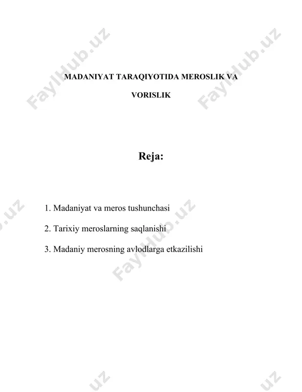 har bir til o'zicha betakror madaniy merosning bir qismi hisoblanadi. madaniyat va merosni saqlashda ta'lim muhim rol o'ynaydi. dunyo bo'ylab 687 million odam savodsizlikdan aziyat chekadi va aholining 59% tinglovchi, tomoshabin yoki o'quvchi sifatida faol madaniy hayotdan bahramand bo'lish imkoniga ega emas. o'zbekiston maktablarida madaniyat va san'at ta'limi keng yo'lga qo'yilgan bo'lib, 10 mingdan ortiq o'quvchi 95 ta musiqiy va san'at maktablarida ta'lim olmoqda. madaniy merosni asrab avaylash maqsadida xalqaro va mahalliy miqyosda ko'plab qonunlar va dasturlar amal qilmoqda. butunjahon madaniy merosni saqlash tashkiloti (icomos) va boshqa ko'plab tashkilotlar ushbu jarayonlarda yaqindan yordam ko'rsatmoqda. 1972 yili tashkil etilgan butunjahon madaniy va tabiiy merosni himoya qilish konventsiya bugungi kungacha 194 mamlakat tomonidan imzolangan. xulosa qilib aytganda, madaniyat va meros - bu insoniyatning boy va rang-barang tajribasini aks ettiruvchi, jamiyat rivojlanishiga hissa qo'shuvchi, va global miqyosda avlodlar orasida ko'prik vazifasini bajaruvchi qadriyatlar yig'indisidir. ularni saqlash va rivojlantirish kelajak avlodlar oldidagi eng muhim …