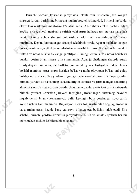 uvini rivojlantirishga yordam beradi. shuningdek, bu jarayon davomida, qatnashchilar o'zlarining tajribalaridan o'rganishlari va o'z bilimlarini kengaytirishlari mumkin. bundan tashqari, tayyorgarlik va trening jarayonida, psixologik tayyorgarlik ham muhim ahamiyatga ega. favqulodda vaziyatlarda odamlar ko'pincha qo'rquv va noaniqlik hissini boshdan kechirishadi. shuning uchun, ko'plab trening dasturlari ishtirokchilarning psixologik tayyorgarligini ham oshirishga qaratilgan. bu, shoshilinch vaziyatlarda tez va to'g'ri qarorlar qabul qilish qobiliyatini rivojlantirishga yordam beradi. yana bir muhim jihat, tayyorgarlik va treningning doimiy yangilanib turishini ta'minlashdir. elektr xavfsizligi va birinchi yordam ko'rsatish usullari doimiy ravishda yangilanadi va rivojlanadi. shu sababli, birinchi yordam ko'rsatish bo'yicha tayyorgarlik kurslarini muntazam ravishda o'tkazish va ishtirokchilarni yangi ma'lumotlar bilan tanishtirish zarur. bu, o'z navbatida, jarohatlangan shaxsga yordam berish jarayonida yanada samarali va ma'lumotli yondashishni ta'minlaydi. umuman olganda, birinchi yordam ko'rsatish uchun tayyorgarlik va trening, elektr toki urishiga duch kelgan shaxsga tez va samarali yordam berish uchun zaruriy ko'nikmalarni rivojlantirishga qaratilgan. bu jarayon, nafaqat nazariy bilimlarni o'z ichiga …
