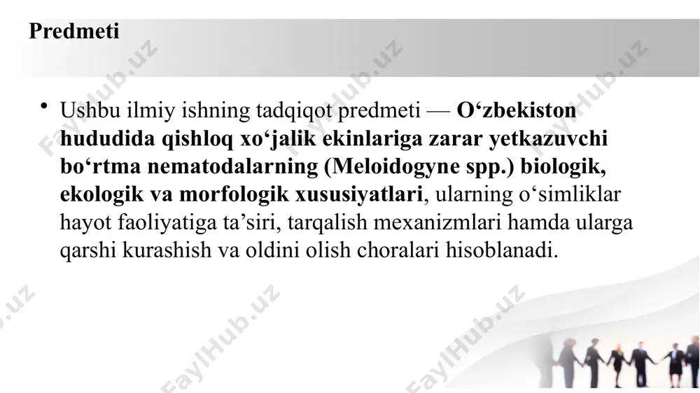 oz, sabzi kabi sabzavotlarga zarba berib, ularning to‘qimalarini yemiradi, chirish jarayonini tezlashtiradi va natijada hosil sifatini keskin kamaytiradi. bunday zararkunandalar qishloq xo‘jaligida katta iqtisodiy yo‘qotishlarga sabab bo‘ladi. bortma nematodalarining tarqalishiga asosan iflos urug‘lik materiallar, texnika vositalari, saqlash omborlaridagi sanitariya holatining yomonligi sabab bo‘ladi. ularni aniqlash va oldini olish uchun zamonaviy diagnostika usullari, karantin choralari, agrotexnik tadbirlar va biologik kurash usullari muhim ahamiyat kasb etadi. image1.jpeg image2.png image3.png image4.png /docprops/thumbnail.jpeg