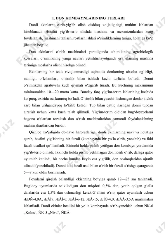 lash uchun æðñ-4,9a, æâí7, æâí-6, æâí-6-12, æâ-15, æíó-4,0, æáà-3,5a mashinalari ishlatiladi. donli ekinlar hosilini bir yo‘la kombaynda o‘rib-yanchish uchun ñk-6 „kolos“, ñk-5 „niva“, ñkä- „sibiryak“ va ck-4a g‘alla yig‘ish kombaynlari ishlatiladi. makkajo‘xori qanday maqsadlarda foydalanilishiga qarab har xil usulda: so‘ta va poyasini bir vaqtda maydalab, so‘talarini poyadan ajratib yoki poyasini maydalab, donini uqalab yig‘ib olinadi. yoppasiga, qatorlab va kvadrat-uyalab ekilgan makkajo‘xorini siloslash uchun o‘rib olishda 14,30 va 40 kn (1,4; 3 va 4 tê) klassidagi traktorlar bilan agregatlanadigan kñ-2,6 va kñ-1,8 „vixr“ silos yig‘ish kombaynlaridan foydalanish mumkin, kññ2,6 silos yig‘ish kombayni t-150 va t-150k traktorlari bilan agregatlanadi. bu agregatlar oshirilgan — 3,3 m/s (soatiga 12 km) tezlikda ishlaydi va yuqori ish unumdorligini ta’minlaydi. qator oralari 70 va 90 sm dan qilib ekilgan makkajo‘xorini to‘liq yetilganda don uchun yig‘ishda so‘talarni bargidan tozalash, barg-poya massasini maydalash, siloslash uchun sutli-dumbul va dumbulligida so‘talarini ajratib olib yoki ajratmasdan bir yo‘la poya hamda bargi bilan …