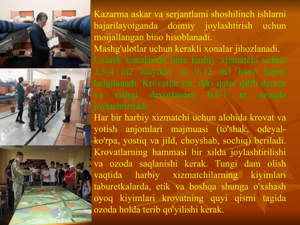 na 22.30 – 23.00 30 25. отбой 23.00 dala sharoitida joylashtirishning 0 ‘ziga xos tomonlari gigiyenik nuqtai nazardan dala sharoitida joylashtirish quyidagi xususiyatlarga ega: vaqtinchalik ekanligi, kommunal-xo‘jalik xizmat ko'rsatish darajasining pastligi, geofizik va iqlimning noxush omillari ta'siridan yetarlicha himoyalanmaganligi, tuproq bilan doimiy kontakt, xavfli bo'lgan flora va faunalar xavfining mumkinligi va oziq-ovqat bilan ta’minlash, shuningdek har xil chiqindilami olib ketishning qiyinligi. jangovar holat bilan bog'liq bo'lgan dala sharoitida vaqtinchalik joylashtirganda qurilish va qism joylashgan tumanni obodonlashtirish ishlari qiyin bo'ladi. bunga bog'liq holda shaxsiy tarkibning dam olishini tashkil qilishda, harbiy xizmatchilar shaxsiy gigiyena qoidalarini bajarishlarida qiyinchilik tug‘iladi. dala sharoitida joylashtirishda yuqori nafas yo'ilari va bir qancha, shu jumladan, yuqumli kasalliklar kelib chiqishi uchun sharoit tug'iladi. shaxsiy tarkibni o‘quv markazlari va safar lagerlariga joylashtirganda epidemiyaga qarshi sharoitlar yaxshi yaratiladi. yilning sovuq kunlarida to'liq dam olish uchun sharoitga qarab aholi yashash punktlarida joylashishi maqsadga muvofiq hisoblanadi. harbiy xizmatchilarning dala sharoitida vaqtinchalik joylashtirishning sanitar …