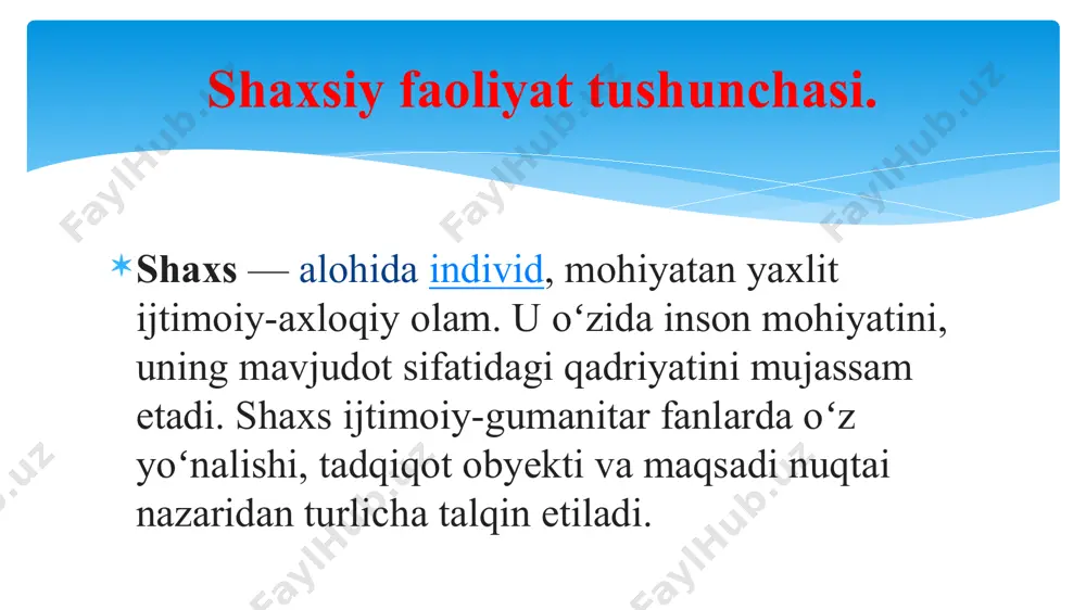 y faoliyat tushunchasini izohlang shaxs kamoloti va muloqotning inson hayotidagi o`rni innovatsiya va akademik ko`nikmalar ta`siri nazorat savollari: 1. xodjayev b.x. umumiy pedagogika nazariyasi va amaliyoti. darslik -t.: sano-standart, 2017. 2. umumiy pedagogika. qism i: darslik / o.musurrnonova [va boshq.]. -toshkent: yoshlar nashriyot uyi, 2020. - 376 b. 3. ro'ziyeva d.i., tolipov o.q. pedagogik texnologiyalar va pedagogic mahorat. -t.: innovatsiya-ziyo, 2019. 4. «o'zbekistonni rivojlantirish bo'yicha harakatlar strategiyasi to'g'risida» o'zbekiston respublikasi prezidentining 2017-yil, 7-fevraldagi pf-4947-son farmoni. 5. o'zbekiston respublikasi qonun hujjatlari to'plami, 2017 y., 6-son, 70-modda, 20-son, 354-modda,23-son, 448-modda, 37-son, 982-modda. 6. o'zbekiston respublikasi vazirlar mahkamasining 2018-yil 8-dekabrdagi "xalq ta'limi tizimida ta'lim sifatini baholash sohasidagi xalqaro tadqiqotlarni tashkil etish chora-tadbirlari to'g'risida"gi qarori. 7. axrarova z., sadikova sh., sodikov u., allayarova s., shodmonov sh. umumiy pedagogika. barcha ta'lim yo'nalishlari uchun o'quv qo'llanma. - toshkent: mumtoz so'z". 2020 y.- 331 b. adabiyotlar image2.png /docprops/thumbnail.jpeg