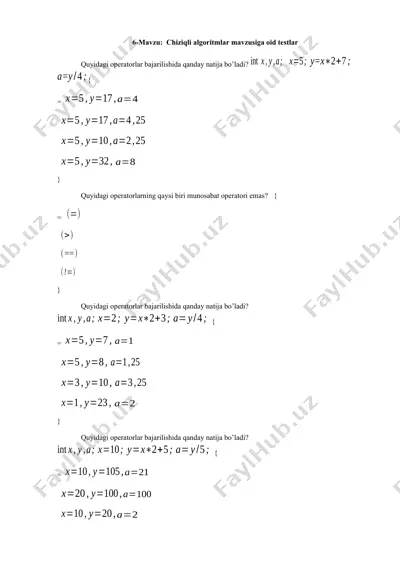 chiziqli algoritmlar mavzusiga oid testlar — DOCX