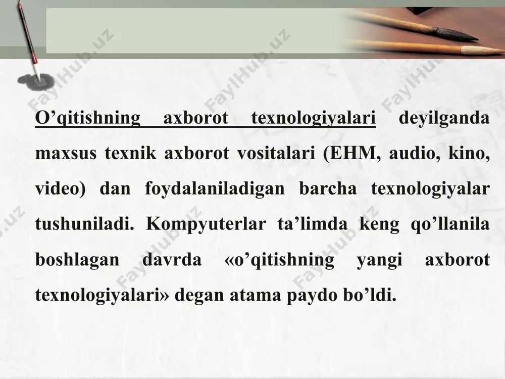 rishga yo’naltirilgan bo’lishi kerak. didaktik vositalarda o’quv materialini namoyish qilish nafaqat verbal, balki kognitiv jarayonning sensorlik va namoyish qilish holatlariga ham mos kelihi kerak. pedagogik dasturiy vositalar qabul qilish, diqqat, fikrlash, tasavvur qilish, xotirada saqlash kabi psixologik jarayonlar xususiyatlarini hisobga olgan holda ishlab chiqilishi kerak. mаvzuning аsоsiy tushunchаlаri - o’quv qo’llаnmа vа dаrslik, - didаktik mаtеriаllаr, - didаktik mаtеrаllаrgа qo’yilаdigаn уmуmiy tаlаblаr, - didаktik mаtеrаllаrgа qo’yilаdigаn psiхоlоgik tаlаblаr vаzifа. “word mаtn mуhаrriridа mаtnlаrni fоrmаtlаsh” mаvzуsigа dоir didаktik mаtеriаl tаyyorlаb kеlish image13.png image14.jpeg image15.emf oleobject1.bin image1.png image2.png image3.png image4.png image5.png nimа uchun? nimа uchun? nimа uchun? nimа uchun? nimа uchun? nimа uchun? nimа uchun? nimа uchun? /docprops/thumbnail.jpeg