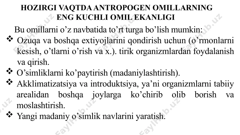 iy qilinmasa bunday zavodlar joylashagan shaharlarda ifloslanish avvalgi yuksak holatda qolaveradi. antropogen ta’sirining sanoat, qishloq xo’jaligi va transport toifalari ta’sirini o’rganish transportning ta’siri. eng yirik ifloslantiruvchi manba-bu avtomobil transportidir. o’rta osiyo mintaqasi avtomobil yo’llariga boy. 2020 yili respublika bo’yicha jami gaz chiqindilarining 75% ni transport hissasi tashkil etadi. avtomobillar sonining ortishi atmosferaning yerga yaqin qatlamlarida azot gazlari, qo’rg’oshin birikmalari, oltingugurt gazlari, uglerod gazlari va boshqa moddalar miqdorining oshishiga olib keladi. avtomobil chiqindilari birinchidan, shunisi bilan xavfliki, ular biosferaning faol zonasiga tushadi. ikkinchidan ular tarkibida barcha tirik jonzot uchun juda zaharli bo’lgan qo’rg’oshin birikmalari bor. uchinchidan avtomobil gaz chiqindilari atmosferaning yerga yaqin qatlami, inson nafas oladigan satxga tushadi. antropogen ta’sirining sanoat, qishloq xo’jaligi va transport toifalari ta’sirini o’rganish quyosh energiyasidan trasnportda foydalanish imkoniyatlarini puxta o’rganish kerak. avtotransport vositalarini suyultirilgan gaz, gaz kondensanti bilan ishlashga o’tkazish avtomobil gaz chiqindilarini ancha kamaytirgan bo‘lardi. qishloq xo’jaligining ta’siri. bu biogeotsenoz, ekosistemalarga salbiy ta’sir ko’rsatuvchi ekologik …