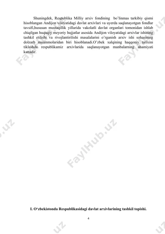 er-suv islohotlari, sanoat va xalq xo‘jaligi taraqqiyotini madaniy va ommaviy tarzda yoritilishiga oid hujjatlar mavjud. hozirda viloyat davlat arxivi namangan shahri, bank ko‘chasi, 9-uyda faoliyat yuritmoqda. mustaqillik sharofati bilan viloyatda arxiv ishi bo’yicha juda kotta ishlar amalga oshirildi. bunga chust tumanidagi davlat arxivi faoliyatini misol qilib keltirishimiz mumkin. jumladan, chust davlat arxivi 4 ta tuman, 2 ta shahar, 233 ta tashkilot korxonalar muassasalariga xizmat ko’rsatgan. shahar va tuman xokimliklari filiali ishiga yaqindan amaliy yordam beradilar va ularni qo’llab quvatlaydilar. 1968-yilga kelib namangan viloyati davlat arxivi deb qayta nomlandi. arxiv jamg’armalarida namangan viloyati siyosiy-iqtisodiy,madaniy va ijtimoiiy tarqaqiyotga oid sovet hukiumati davrini yorituvchi hujjatlar jamlangan. namangan viloyati sho’rolar hukumatining o’rnatilishi,milliy ozodlik harakati,sotsialistik qurilishning olib borilishi va namangan viloyati shahar va tuman ijroiya qo’mitalar jamg’armalarida turli hujjatlar mujassamlashgan[footnoteref:2]. arxivning suratli hujjatlar jamg’armasida yer-suv islohotlari sanoat xalq xo’jalik tarqqiyotining madaniy va ommaviy tarzda yoritilishga oid hujjatlar mavjud. namangan viloyatida sho’rolar davrida arxiv ishining rivojini …