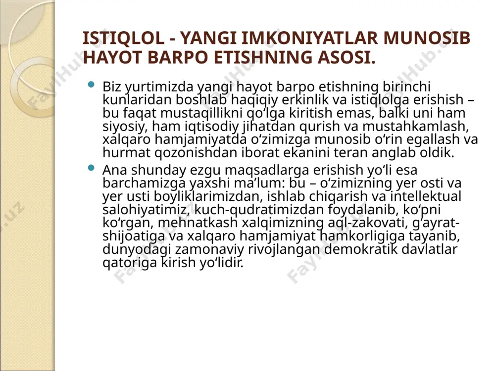 rligi farzand ko'rish va uning tarbiyasida muhim ahamiyatga ega. oila ahilligi, barkamol farzandlar jamiyat mustahkamligi va ma'naviy yetukligining garovidir. foydalanilgan adabiyotlar 1. i.a.karimov. "o'zbekiston xxi asr bo'sag'asida", toshkent. "o'zbekiston", 1997 y. 2. i.a.karimov. "ma'naviy yuksalish yo'lida". tosh­kent. "o'zbekiston", 1998 y. 3. o'zbekiston respublikasi konstitutsiyasi. toshkent. "o'zbekiston", 2003 y. 4. "o'zbekiston respublikasining oila kodeksiga sharhlar". toshkent "adolat", 1998 y. 5. i.a. karimov. "barkamol avlod orzusi". toshkent. "sharq", 1999 y. 6. o.musurmonova. "oila ma'naviyati milliy g'urur" toshkent. "o'qituvchi", 2001 y. 7. r.usmonov. "saodatnoma". "o'qituvchi", 1995 y. 8. g'.b.shoumarov. "1001 savolga psixologning 1001 javobi" toshkent. "mehnat", 2001 y. 9. m.xolmatova. "oilaviy munosabatlar madaniyati va sog'lom avlod tarbiyasi" 10. x.sodiqov, h.boboev, x.odilqonev. "xotin-qizlarning huquqlariga oid qonun kafolatlari". toshkent. "o'zbekiston", 2000 y. 11. t.qurbonov. "odobnoma". toshkent. "o'zbekis­ton", 1991 y. 12. m.sattor. "o'zbek udumlari". toshkent. "ado­lat", 2004 y. 13. v.p.bisyarina. "bolalar kasaliklari". toshkent. "medisina", 1988 y. 14. b.qoraxo'jaev. "bolalar kasalliklari propedevtikasi" i.t.salomov. "ibn sino", 1997 y. …