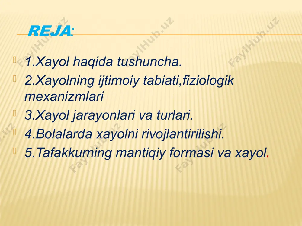 anadi. shu bilan birga hayol kishini faollikka undovchi kuch turtki sifatida ham ishlaydi. lekin ayrim hollarda hayol soxta faoliyat sifatida harakat qilishi mumkin. ixtiyoriy hayol turi shirin hayol deb ataladi. qandaydir quvonchli yoqimli narsalar haqida shirin hayollarga berilish hammaga hos.passiv hayol ihtiyorsiz ravishda ham yuzaga kelishi mumkin.xayolning bu turi asosan ong faoliyatining ikkinchi signallar tizimining susayishida, odamning vaqtinchalik harakatsizlik holatida, uyqisirash holatida, affekt holatida, ongning kasallikka uchrab buzilishida,uyqida va shu kabilarda sodir bo’ladi. iyoriy ravishda yuzaga keltirilgan, lekin hayot bilan real hayotdagi faollikka olib kelmaydigan passiv passiv hayolning aksi bo’lgan aktiv hayol ijodiy va qayta tiklovchi hayol turlariga bo’linadi.urg’u berish fantaziya obrazlarini yaratishning yana bir yo’li narsalarning qandaydr sifatlarini belgilariga urg’u berish ularga diqqatni turli yo’llar bilan jalb qilishdir. bu usullar ayniqsa satrik jurnallarda ko’p qo;llaniladi.bu usul bilan o’rtoqlik hazillari va turli karikaturalar yaratiladi. sxematizasiya-biror mavjud narsadan andoza olib, shu andoza asosida obrazlar yaratish. masalan rassomlar turli o’simliklarning obrazi asosida …