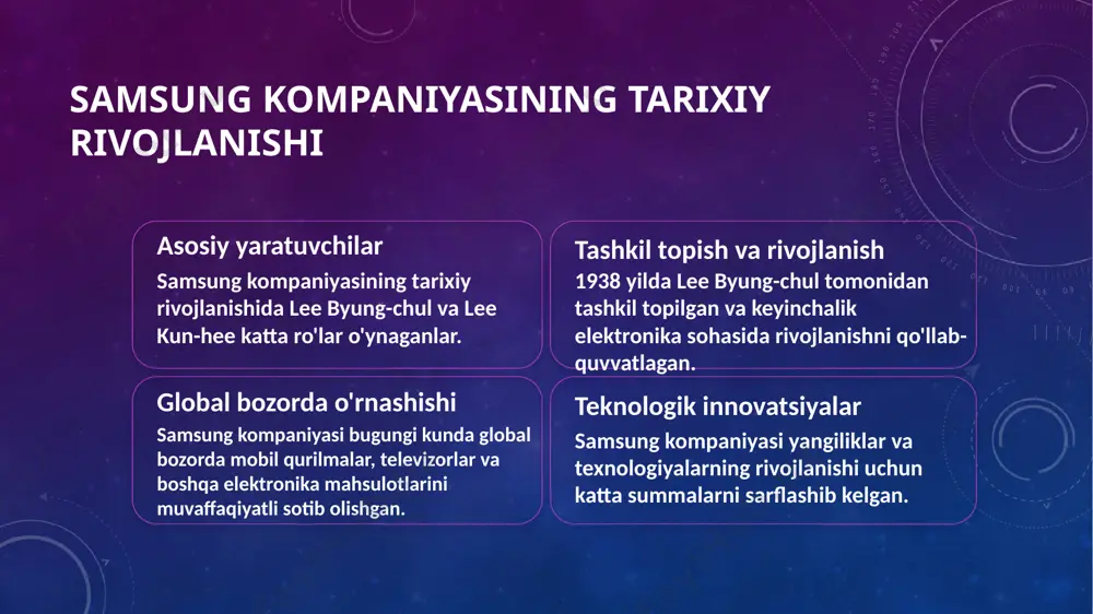zorida katta o'rinda. sizning "smart" qurilmalardan ko'proq foydalanishingiz, innovatsion yechimlar va qulayliklar uchun samsungning eng yaxshi mahsulotlarini tanlashingiz mumkin. photo by samer khodeir on unsplash samsung kompaniyasining iqtisodiy rivojlanish jarayonlari samsung kompaniyasining iqtisodiy rivojlanish jarayonlari, global bozorda o'rni va hissadorligi o'rnatilgan. koreyadan kelib chiqqan innovatsiyalar bilan, elektronika sohasida o'sishni davom ettiradi. photo by wyxina tresse on unsplash brendlar samsung kompaniyasining xalqaro bozorda o'z o'rni 01 xalqaro bozorda samsung kompaniyasining o'rnini oshirish samsung, global elektronika bozorida rivojlanayotgan mamlakatlarga innovatsion mahsulotlar taqdim etish orqali o'z o'rni oshiradi. 02 xalqaro bozorda samsung kompaniyasining mamlakat bozoridagi ahamiyati samsung, mamlakatlarning iqtisodiy rivojlanishiga qo'shimcha o'sish, ish o'rinlari yaratish va mamlakat bozoridagi innovatsiyalarni taqdim etish bilan ajralib turadi. 03 samsung kompaniyasining xalqaro bozoridagi rivojlanishi samsung, global bozorda mamlakatlarning tekhnologik soha, innovatsiya va iqtisodiy rivojlanishiga yordam berish orqali o'z o'rni yaratadigan lider kompaniya sifatida taniladi. image2.png image3.png image4.jpeg image5.png image6.jpeg image7.jpeg image8.jpeg image9.jpeg image10.jpeg image11.jpeg /docprops/thumbnail.jpeg