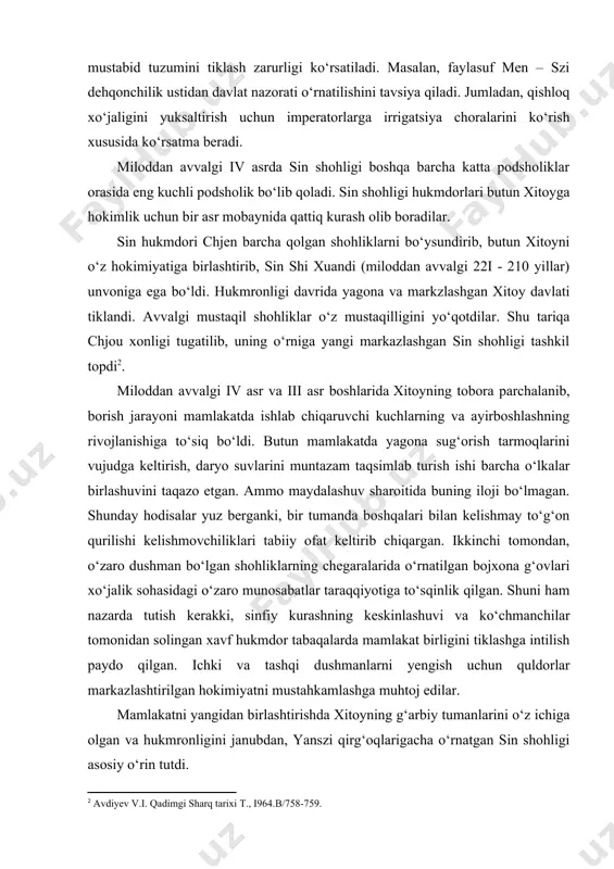 jxona g‘ovlari xo‘jalik sohasidagi o‘zaro munosabatlar taraqqiyotiga to‘sqinlik qilgan. shuni ham nazarda tutish kerakki, sinfiy kurashning keskinlashuvi va ko‘chmanchilar tomonidan solingan xavf hukmdor tabaqalarda mamlakat birligini tiklashga intilish paydo qilgan. ichki va tashqi dushmanlarni yengish uchun quldorlar markazlashtirilgan hokimiyatni mustahkamlashga muhtoj edilar. mamlakatni yangidan birlashtirishda xitoyning g‘arbiy tumanlarini o‘z ichiga olgan va hukmronligini janubdan, yanszi qirg‘oqlarigacha o‘rnatgan sin shohligi asosiy o‘rin tutdi. miloddan avvalgi iv asrda sin shohligida shan yan nomli katta mansabdorning tashabbusi bilan muhim islohotlar o‘tkazilgan. bu islohotchi davlat xizmatidagi oqsuyaklarga va savdogar - sudxo‘rlar doirasiga tayanib, patriarxal oila va qishloq jamoalariga qat’iy zarba bergan. yer islohoti shundan iborat ediki, yerni istagancha xususiy mulk qilib olish hamda yerni erkin tarzda sotish va sotib olish mumkin bo‘lgan. shan yan katta oilalarning parchalanib, mulklari bo‘linishiga xayrixoh, shuningdek jamoadagi chek yerlarni sotishga ijozat bergan. soliq zulmi kuchaytirilgan. hosildan olinadigan soliq yer solig‘i bilan almashtirilgan, bu soliq yer miqdoriga qarab har bir …