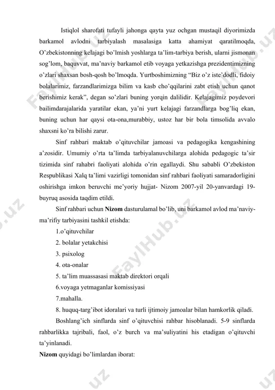 sinf rahbarining vazifalari. 1. ota-ona va mahalla bilan hamkorlik. 1. o’quvchilarning bo’sh vaqtlarini mazmunli tashkil etish. 1. o’quvchini o’zini-o’zi boshqaruv tizimini takomillashtirish. 1. ta’lim muassasasi, pedagogic jamoa bilan birga ishlash. 1. sinf rahbarining huquqlari. 1. sinf rahbari ishlarini rejalashtirish va tashkil etish. guruh rahbari yuritadigan hujjatlar quyidagilardan iborat. 1. guruhdagi ma’naviy-ma’rifiy ishlarni hisobga olish kitobi. 1. guruh o’quvchilari ro’yhati. 1. guruh o’quvchilari haqida ma’lumot. 1. guruh faollari haqida ma’lumot. 1. guruhdagi ma’naviy ma’rifiy ishlarning yilik ish rejasi. 1. oylik dars qoldirgan o’quvchilarni hisobga olish. 1. guruhdagi o’quv jarayonini nazorat qilish (dars tahlili). 1. sinovlar natijalari bo’yicha o’zlashtirishni hisobga olish. 1. mehnat intizomini buzgan, qoloq o’quvchilar haqida ma’lumot. 1. ota-onalar bilan ishlash. 1. to’garakka qatnashadigan o’quvchilar haqida ma’lumot. 1. jamoat ishlarida, kollejdagi tadbirlarda ishtirok etishni hisobga olish 1. guruhdagi o’quvchilarning o’quvchilar safidan chetlashtirilganligi haqida ma’lumot 1. ism-sharifi o’zgargan o’quvchilarni hisobga olish 1. guruh yig’ilishlarining bayonnoma kitobi. 1. birinchi ma’naviyat soatining o’tkazishning …