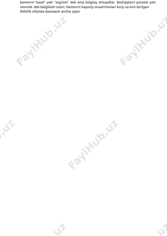 z tuzalib ketmoqchi bo'lsak, ya´ni ruhsiz manipulyatordan jonli, haqiqiy, ijodiy aktualizatorga aylanishni istasak, balki butun jamiyatimiz uning kasalliklaridan tuzalib ketar. oldinga! va - umid qilamizki, bizga yordam beradi! najot yo'lida qilishimiz kerak bo'lgan birinchi qadam - bu bizning manipulyatsiyalarimizdan xabardor bo'lishdir. lekin o'zimizga shafqatsiz hukm sifatida emas, balki qayta ishlab chiqilishi kerak bo'lgan material sifatida. inson bu mumkinligiga umid qilmasdan, aktualizatorga aylana olmaydi. afsuski, zamonaviy psixiatriya va psixologiyada bunday umid uzilib qoldi, bu esa davolanish jarayonini qiyinlashtirdi. bugungi kunda ko'pchilik psixoterapevtlar bemorni "kasal" yoki "sog'lom" deb aniq belgilay olmaydilar. boshqalarni psixotik yoki nevrotik deb belgilash oson; bemorni hayotiy muammolari ko'p va kim bo'lgan inson sifatida davolash ancha qiyin o'zini himoya qilish uchun manipulyativ xatti-harakatlarga murojaat qiladi. o'z ishiga mas'ul bo'lgan psixoterapevt bemorni boshqa, insoniyroq va samaraliroq usullarda o'zini himoya qilishga o'rgatishi kerak. agar zamonaviy odam ruhiy kasal bo'lmasa, unda nima aybdor? uilyam glasser nazariyasiga ko'ra, inson "mas'uliyatsiz" va "mas'uliyatni boshqalarga …
