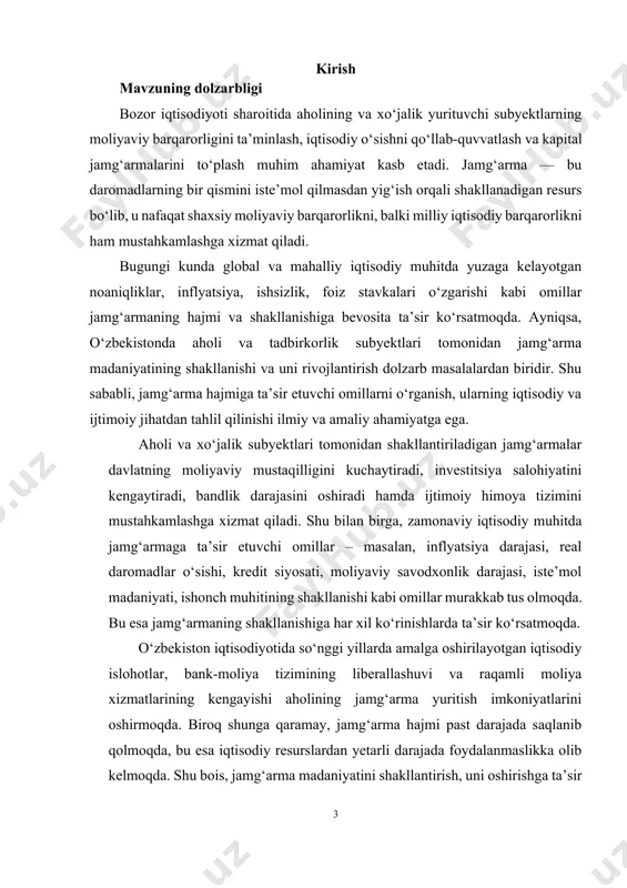 tahlilini amalga oshirishdan iborat. kurs ishining vazifalari quyidagilardan iborat: 1. jamg‘armaning iqtisodiy mohiyati va turlarini tahlil qilish; 2. jamg‘armaning shakllanish manbalarini aniqlash; 3. jamg‘arma hajmiga ta’sir etuvchi ichki va tashqi omillarni aniqlash va baholash; 4. o‘zbekistonda jamg‘arma jarayonlari holatini o‘rganish va tahlil qilish; 5. amaliy taklif va tavsiyalar ishlab chiqish. kurs ishining obyekti – jamg‘arma jarayoni va unga ta’sir qiluvchi omillar majmui hisoblanadi. kurs ishining predmeti – jamg‘arma hajmini shakllantiruvchi iqtisodiy, ijtimoiy va psixologik omillar hamda ularning o‘zaro bog‘liqligidir. i bob. jamg‘armaning iqtisodiy mohiyati va uning shakllanishi 1.1. jamg‘arma tushunchasi, uning iqtisodiy mazmuni va turlari jamg‘arma — bu daromadlarning bir qismini iste’mol qilmasdan, kelajakda foydalanish yoki investitsiya qilish maqsadida chetga surib qo‘yish jarayonidir. u iqtisodiyotning har qanday darajasida — xonadon, korxona yoki davlat miqyosida — moliyaviy barqarorlikni ta’minlashda muhim rol o‘ynaydi. jamg‘arma bu nafaqat moliyaviy resurslar, balki iqtisodiy o‘sishni rag‘batlantiruvchi vositadir. iqtisodiy nazariyada jamg‘arma — bu jamiyatning hozirgi iste’moldan voz …