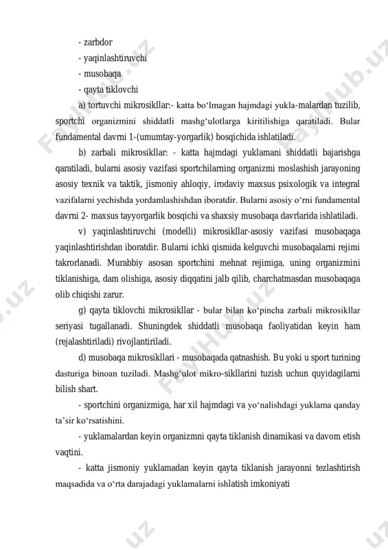 tugallanadi. shuningdek shiddatli musobaqa faoliyatidan keyin ham (rejalashtiriladi) rivojlantiriladi. d) musobaqa mikrosikllari - musobaqada qatnashish. bu yoki u sport turining dasturiga binoan tuziladi. mashgʻulot mikro-sikllarini tuzish uchun quyidagilarni bilish shart. - sportchini organizmiga, har xil hajmdagi va yoʻnalishdagi yuklama qanday ta’sir koʻrsatishini. - yuklamalardan keyin organizmni qayta tiklanish dinamikasi va davom etish vaqtini. - katta jismoniy yuklamadan keyin qayta tiklanish jarayonni tezlashtirish maqsadida va oʻrta darajadagi yuklamalarni ishlatish imkoniyati mikrosikllardagi yuklama va dam olishni almashtirish organizmni quyidagi 3 xil tipdagi reaksiyaga olib kelishi mumkin. a) mashq bilan chiniqqanlikni maksimal rivojlanishiga. b) mashgʻulotnini kam samaradorligiga yoki uni butunligicha yoʻqligiga v) sportchini holdan toyishi yoki madori furishiga. birinchi tipidagi reaksiya - mikrosiklga katta va anchagina yuklamali, optimal mashgʻulot soni kiritib ular oʻza’o ratsional holda hamda kichik yuklamali mashgʻulotlar bilan almashtirilgan takdirda organizmni reaksiya orqali javob berishga olib keladi. ikkinchi tipdagi reaksiya - mikrosiklga kiritilgan mashgʻulotlar soni va ularning yuklamasi mashq bilan chiniqqanlik …