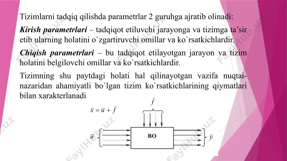 ib, ular bayonli (mantiqiy) va belgili (matematik) tizimlarga bo`linadi. mantiqiy tizimlar moddiy tizimlarning deduktiv yoki induktiv ifodalanishidir. ularga moddiy tizimlarning tuzilishi, holatlarining asosiy qonuniyatlari va dinamikasi haqidagi tushuncha va ta’riflar tizimi sifatida qarash mumkin. statistik matematik tizimlar yoki modellar- ularni moddiy tizimlar holati (holat tenglamasi)ning matematik apparati vositalari bayoni sifatida qarab chiqish mumkin. dinamik matematik tizimlar yoki modellar - ularni moddiy (yoki mavhum) tizimlardagi jarayonlarning matematik ko`rinishi sifatida ko`rib chiqish mumkin. murakkab tizimlar (mt) — bu shunday tizimlarki, ularni ba`zi qismtizimlarni qo`shib yaratib bo`lmaydi. bu holat quyidagi bilan barobar: a) kuzatuvchi asta-sekinlik bilan ob`ektga nisbatan o`z munosabatini o`zgartiradi va uni turli tomondan kuzatadi; b) turli kuzatuvchilar ob`ektni turli tomondan tadqiq etadilar. dinamik tizimlar (dt) - bu doimiy o`zgarib turadigan tizimlardir. dtda ro`y beradigan har qanday o`zgarish jarayon deb ataladi. ba`zan uni tizimning kirishini chiqishga aylantirish sifatida aniqlaydilar. agar tizim faqat bir xilda ishlasa, u holda bu tizimni determinallashgan tizim deb …