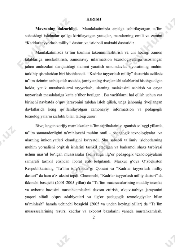 iy-texnika va axborot bazasini mustahkamlashni davom ettirish, o‘quv-tarbiya jarayonini yuqori sifatli o‘quv adabiyotlari va ilg‘or pedagogik texnologiyalar bilan ta’minlash” hamda uchinchi bosqichi (2005 va undan keyingi yillar) da “ta’lim muassasalarining resurs, kadrlar va axborot bazalarini yanada mustahkamlash, o‘quv-tarbiya jarayonini yangi o‘quv-uslubiy majmualar, ilg‘or pedagogik texnologiyalar bilan to‘liq ta’minlash” kabi muhim ijtimoiy-pedagogik ahamiyatga ega vazifalarni ijobiy hal etish zarurligiga alohida urg‘u beriladi. respublikada uzluksiz ta’lim tizimi mazmunini belgilab beruvchi muhim me’yoriy hujjatlarda alohida qayd etilganidek, ta’lim jarayonini ilg‘or pedagogik texnologiyalar yordamida tashkil etish ijtimoiy maqsad – komil inson va malakali mutaxassisni tarbiyalashda yuqori natijalarga erishishni kafolatlaydi. mazkur g‘oyaga tayangan holda mustaqillikdan keyingi yillarda o‘zbekiston respublikasida ham pedagogik texnologiya nazariyasi va unda ilgari surilgan g‘oyalarni o‘rganishga bo‘lgan qiziqish yuzaga keldi, keng ko‘lamli tadqiqotlar olib borildi va bunday harakatlarning samarasi sifatida ilmiy risolalar, o‘quv va metodik qo‘llanmalar yaratildi, uzluksiz ta’lim tizimining turli bosqichlarida faoliyat ko‘rsatayotgan ta’lim muassasalarining pedagoglari mazkur nazariya asoslari to‘g‘risidagi nazariy …
