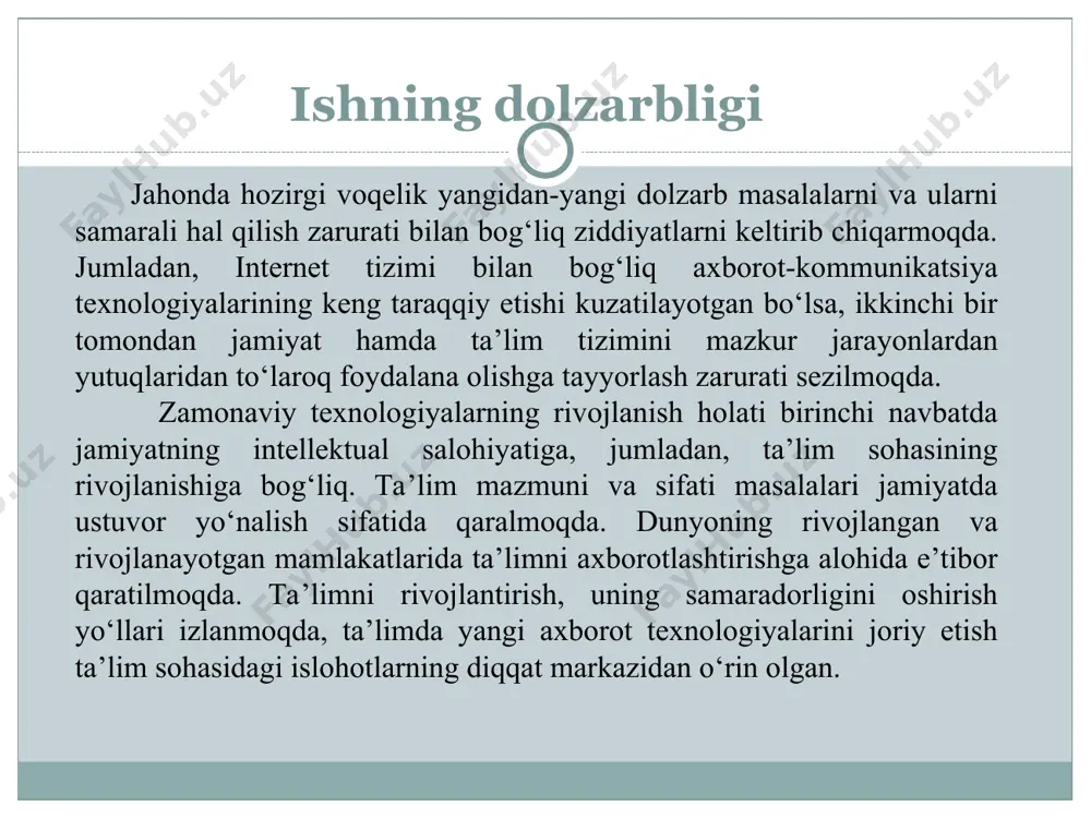 ’limi yo‘nalishi talabalarini: virtual reallik asosiy tushunchalari mavzusini interfaol usullar asosida o‘qitish va ta’lim jarayonida foydalanish samaradorligini o‘rganish metodikasini yoritib berish maqsad qilib qo‘yilgan. ishning maqsadi mavzu misolida hozirgi kundagi mavjud holatni taxlil qilish,o‘qitish jarayonida foydalanilishi mumkin bo‘lgan interfaol usullar va ulardan foydalanish jarayonini yoritish mazkur bitiruvichining asosiy maqsadi qilib olingan. shu bilan birgalikda bir nechta keys masalalarini hamda metodlardan foydalanib talabalar tomonidan dars jarayoni nihoyasida kutilayotgan natijalarga ko’ra tegishli xulosalar chiqarish va takliflar berish vazifasi ham ko‘zda tutilgan. bitiruv ishining vazifalari. va vazifalar talabalarga axborot-kommunikatsion texnologiyalar va tizimlarida qaror qabul qilishni ahamiyati, imkoniyatlari, ularning usullaridan foydalanish istiqbollari to`g`risida tasavvurlar va nazariy bilimlarni berish bilan birgalikda “vertual reallik” tushunchalarini interfaol usullardan foydalanish metodikasi bo`yicha amaliy ko`nikmalarni shakllantirish va mustahkamlashga yordam beradi. ishning amaliy ahamiyati masalaning qo’yilishi informatika va axborot texnologiyalari yo‘nalishida virtual tushunchasi keng ma’noda qo‘llanilmoqda. masalan: virtual mashina, virtual xotira, virtual disk, virtual aloqa, virtual sayohat, virtual sinf va …