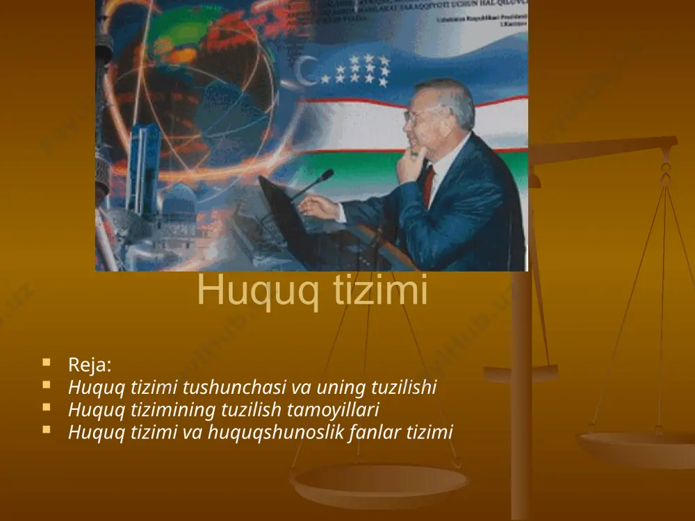 ning asosi hisoblangan o‘zbekiston respublikasi konstitutsiyasida ham mavjud. inson va fuqarolarninng asosiy huquqlari erkinliklari va burchlari jamiyat va shaxs» ma’muriy hududiy va davlat tuzilishi jamiyat va shaxs» ma’muriy hududiy va davlat tuzilishi huquq tizimining tuzilish tamoyillari . huquq tizimi tarixan obyektiv shakillanuvchi hodisa bo‘lgani sababli, uning normalari, huquq institutlari va huquq sohalariga ish ham obyektiv tamoyillarga asoslanadi. huquq tizimining obyektiv tamoyillari —bu jamiyatda har bir huquq sohasi bilan kishilar o‘rtasidagi ijtimoiy munosabatlarni tartibga solishdir. bu ijtimoiy munosabatlar o‘zining mazmuni na davlat boshqaruvining qaysi sohasiga tegishli ekanligi bilan farq qiladi. jamiyatning iqtisodi, ijtimoiy va siyosiy tuzilishidan kolib chiqqan xilma — xil ijtimoiy munosabatlar shu munosabatlarni tartibga soladigan huquqiy normalarning turini belgilab beradi. shuning uchun ham huquq institutlari va huquq sohalariga hamda huquq normalariga -huquq tizimiga bo‘lishning bosh asoslaridan biri bu huquq bilan tartibga solinadigan ijtimoiy munosabatlardir. bu ijtimoiy munosabatlar huquqiy tartibga solish predmeti deb ataladi . o‘zbekistonda huquq sohalarii yangilanishi. o‘zbekiston …