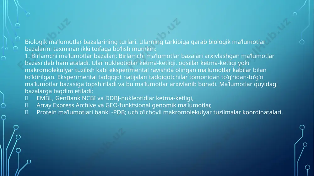 ‘naqshlari, ularning dnk molekulalarining tuzilishi va tarkibi va boshqa protein tarkibidagi atributlar to’g’risida ham ma’lumotlarga ega. dnk ketma-ketligidan bashorat qilingan. bu ko’p genomli izlanishlar va tahlillarni osonlashtiradi, masalan, butun genlarni moslashtirish va turli xil genomlardagi oqsillar va genlarning jismoniy holatini taqqoslash va hk. b. flybase ma’lumotlar bazasi: konsorsium d. melanogaster meva pashshasi misolida va uning barcha genomini yuqori to’liqlik va sifatga ko’ra ajratib beradi c. acedb: bu nafaqat ketma-ketlikni, balki genetik xaritani, shuningdek, c. elegans nematoda qurti haqidagi fenotipik ma’lumotlarning ham omboridir . ddbj-ma’lumotlar bazasi -yaponiya dna data bank japan)-yaponiya dnk ma’lumotlar bazasi bo’lib, turli genlar va organizmlar bilan bog’liq nukleotid ketma-ketliklar haqida ma’lumotga ega bo’lgan elektron resurslar bazasidir (2-rasm). ddbj markazi insdc a’zosi sifatida nukleotid natija ma’lumotlarini to’playdi (xalqaro nukleotid natija bazasi hamkorligida). ddbj ma’lumotlar bazasinig tashkillashtirilishi:  1980 embl ma’lumotlar kutubxonasi tashkil etildi, va yaponiyaga nukleotid natija ma’lumotlar banki uchun xalqaro hamkorlikni so’radi.  1982 embl va genbank …