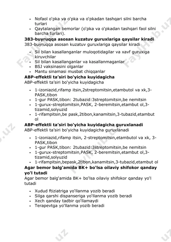 logik statusni tiklash+ · virusni o‘ldirish · vich infeksiya tarqalishini yo‘qotish · bemorga iqtisodiy yordam berish arvt ni standart kombinasiyasi nechta preparat bilan òtkaziladi arvt ni standart kombinasiyasi nechta preparat bilan òtkaziladi · 3ta preparat · 4 ta preparat · 8 ta preparat · 10 ta preparat asoratlangan birlamchi sil kompleksining rentgenologik o‘zgarishlarini ko‘... asoratlangan birlamchi sil kompleksining rentgenologik o‘zgarishlarini ko‘rsating: · keng tarkalgan bir-biri bilan kushiluvchi infiltratli pnevmonik soya ,parchalangan soxalarni xosil bulishi · infiltratli soyalarni inkapsulyasiyasi · pnevmoskleroz · surilish boskichi asoratli periferik limfa tugunlar silidan keyingi qoldiq o‘zgarishlar asoratli periferik limfa tugunlar silidan keyingi qoldiq o‘zgarishlar · oqma yaradan qolgan xunuk kelloid chandiq · fibroz o‘zgarishlar · terida chiziqsimon chandiq · xech qanday qoldiq o‘zgarishlar aniqlanmaydi asosiy diagnostik tuberkulin sinamalarini sanang: asosiy diagnostik tuberkulin sinamalarini sanang: · 2 tb bilan teri orasi mantu sinamasi,kox teri osti sinamasi · pirke teri usti sinamasi · mixaylovning eozinofilli sinamasi · …